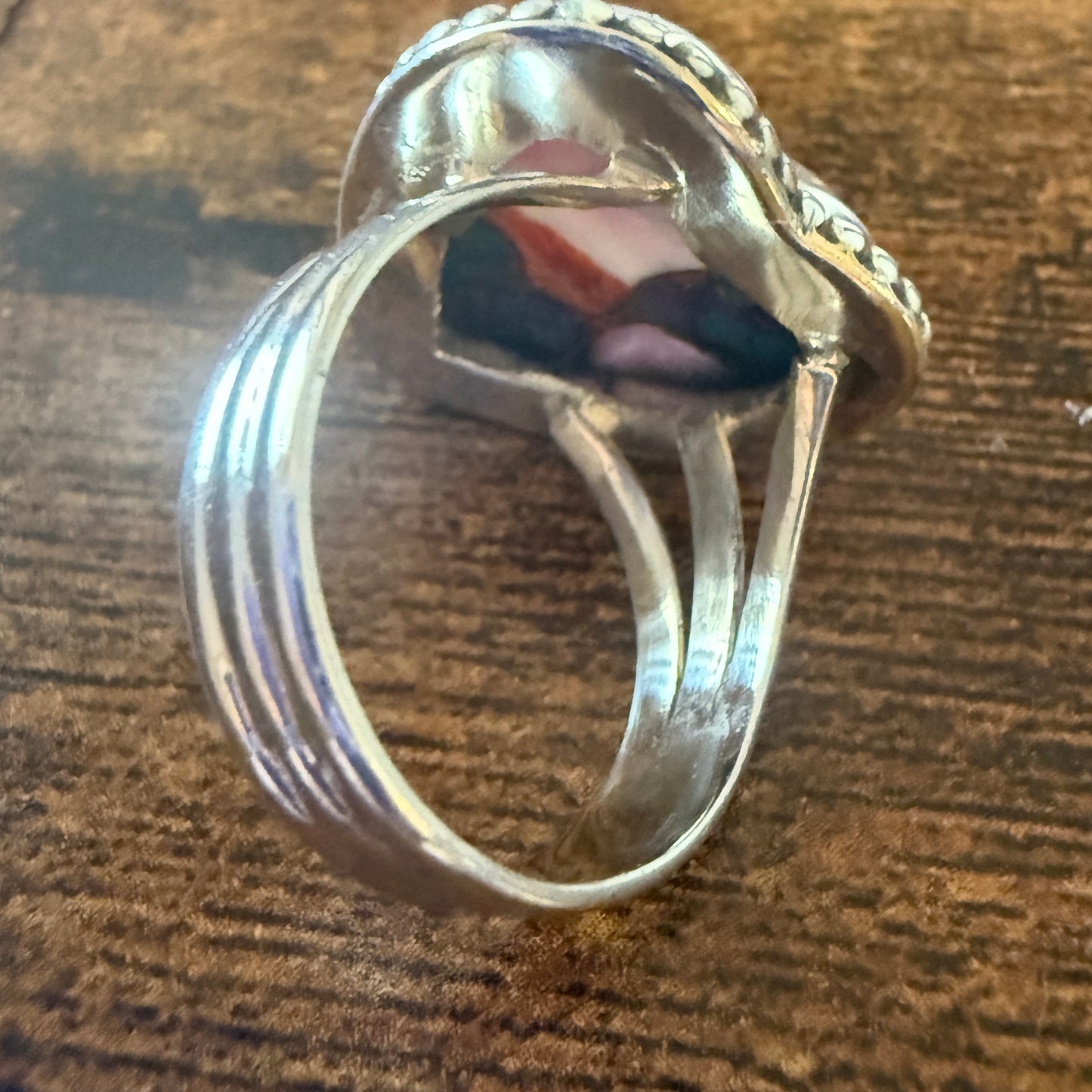 Heart Shape Pink Dahlia Ring, Size 7,  In Copper Turquoise Sterling Silver Split Shank, Silver Elegant