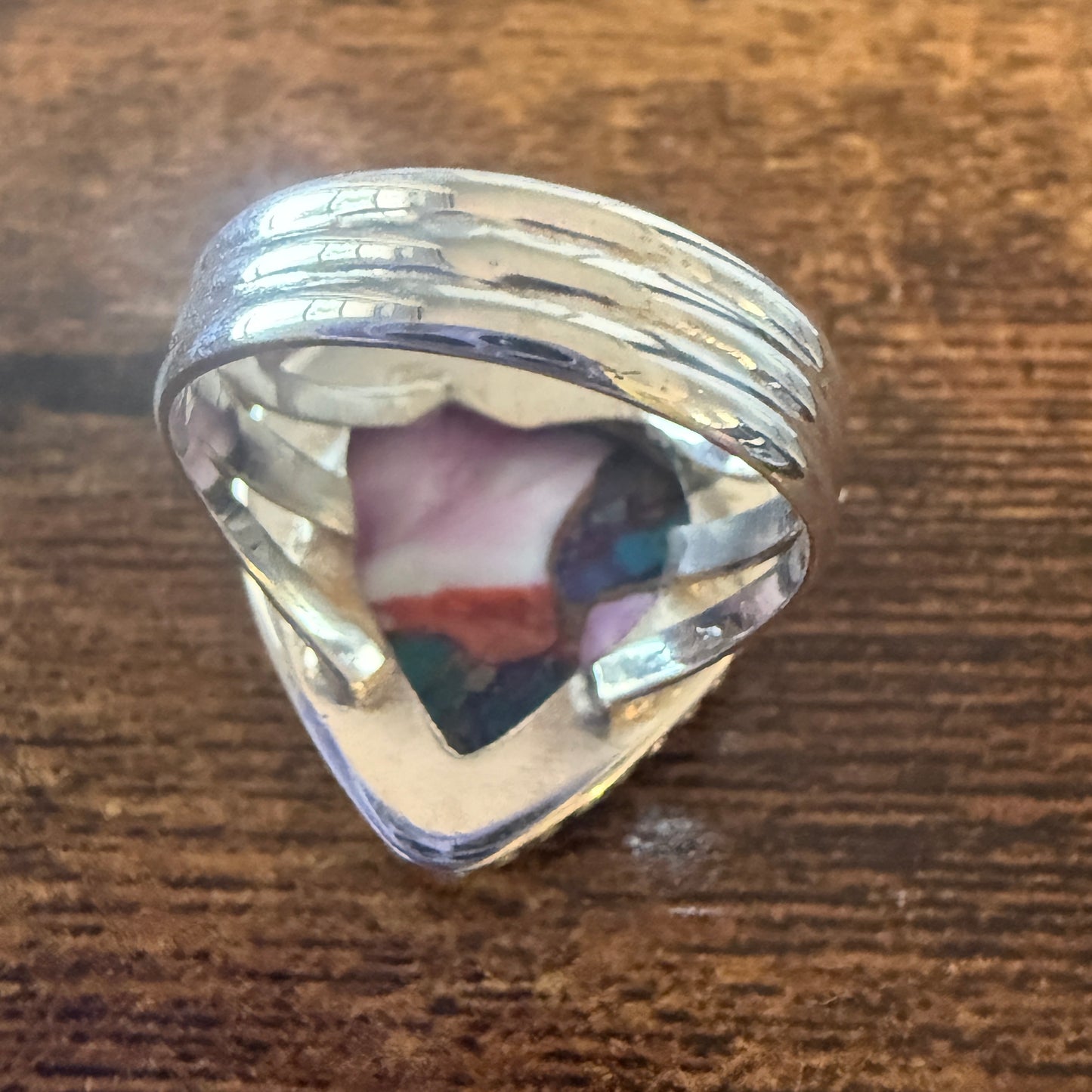 Heart Shape Pink Dahlia Ring, Size 7,  In Copper Turquoise Sterling Silver Split Shank, Silver Elegant