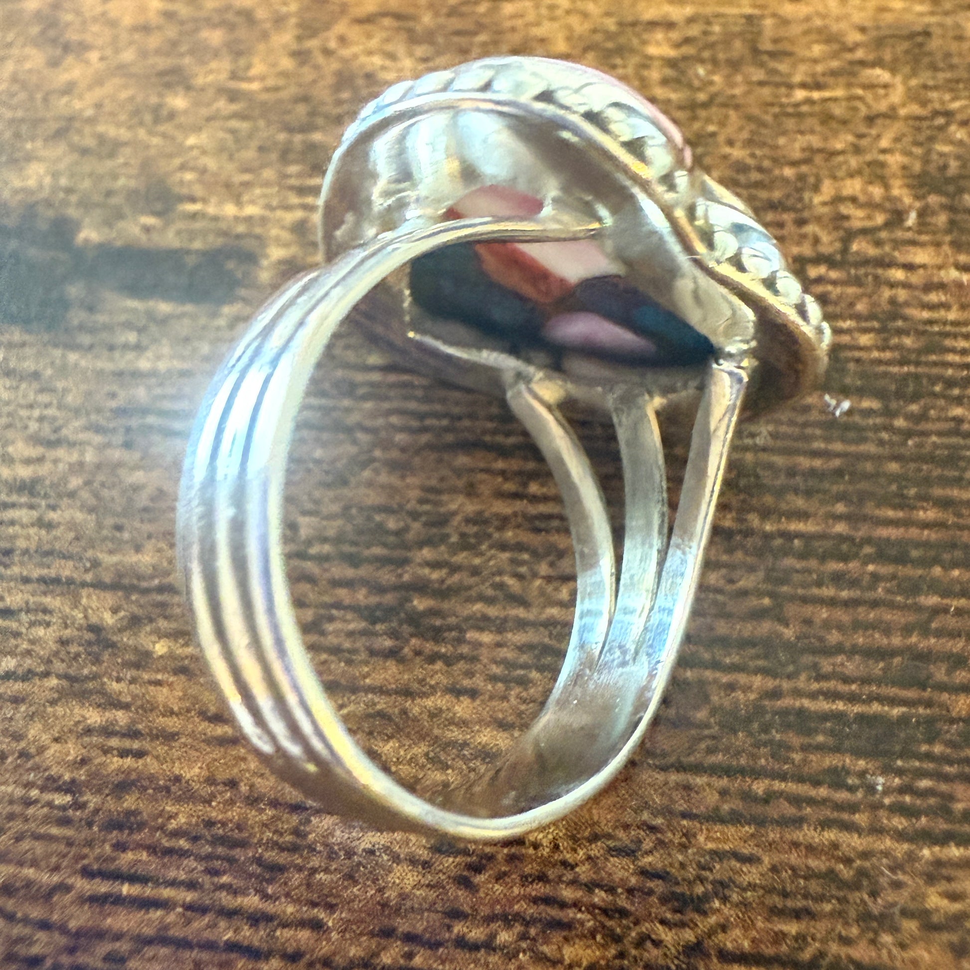 Heart Shape Pink Dahlia Ring, Size 7,  In Copper Turquoise Sterling Silver Split Shank, Silver Elegant