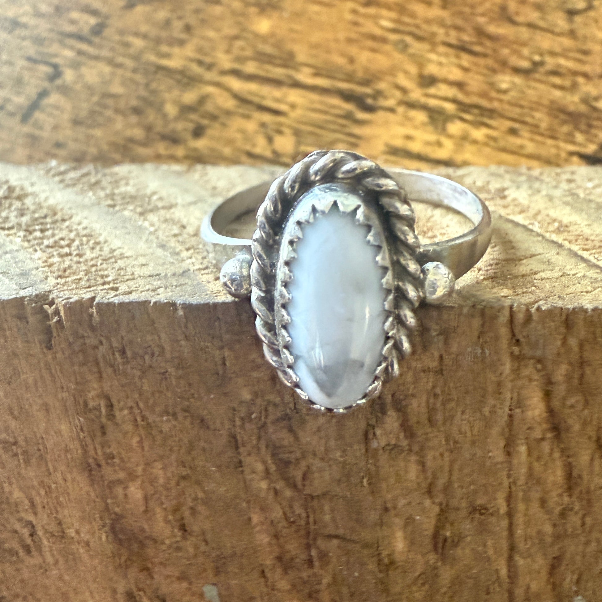 White Buffalo Turquoise Ring Sterling Navajo Style Handmade Size Seven Point Five Silver Elegant