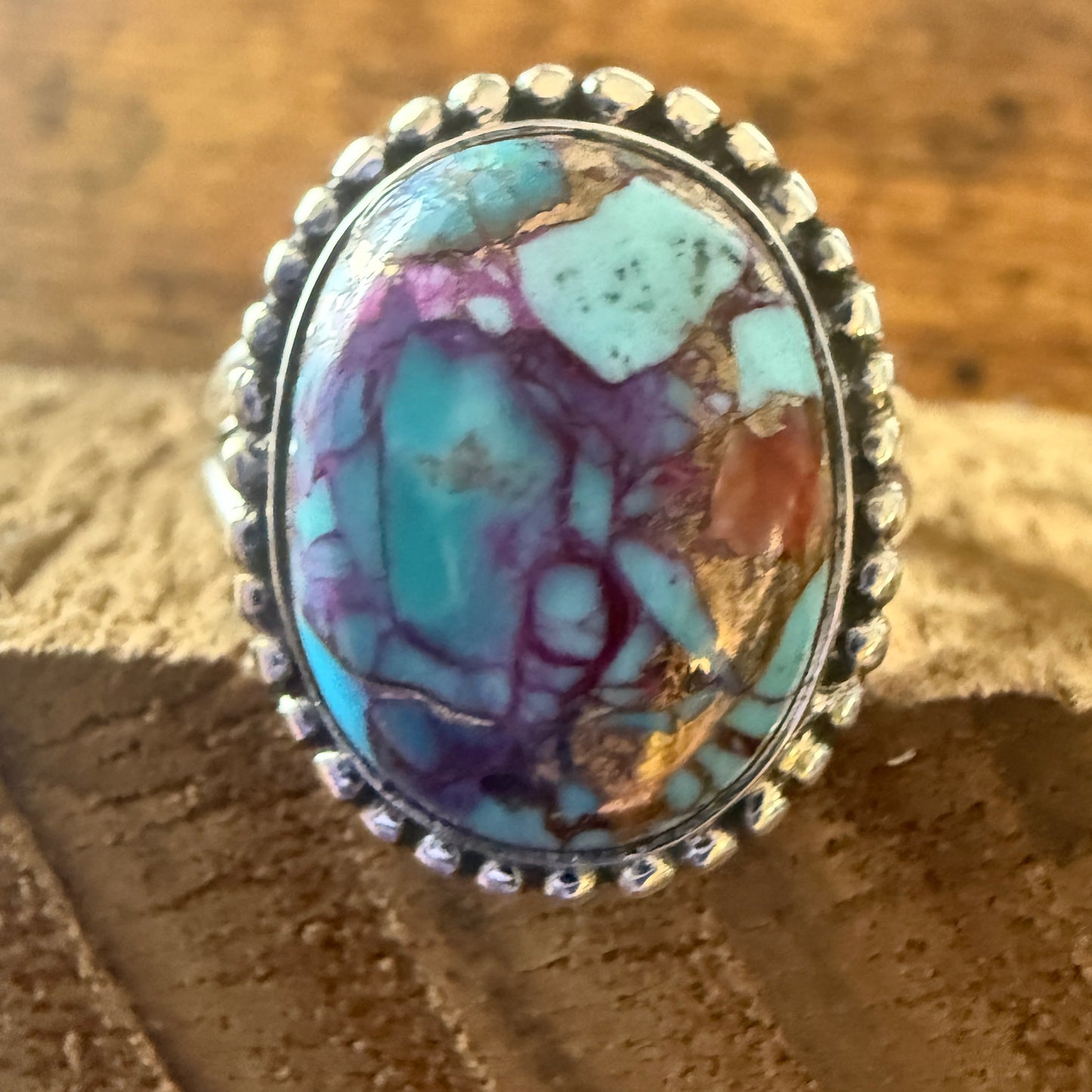Kingman Purple Dahlia Turquoise 925 Sterling Silver Handmade Ring, Size 10 Silver Elegant