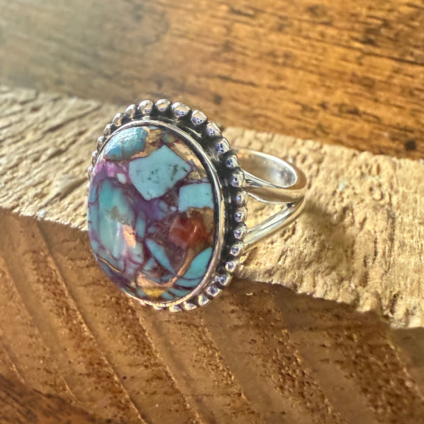 Kingman Purple Dahlia Turquoise 925 Sterling Silver Handmade Ring, Size 10 Silver Elegant