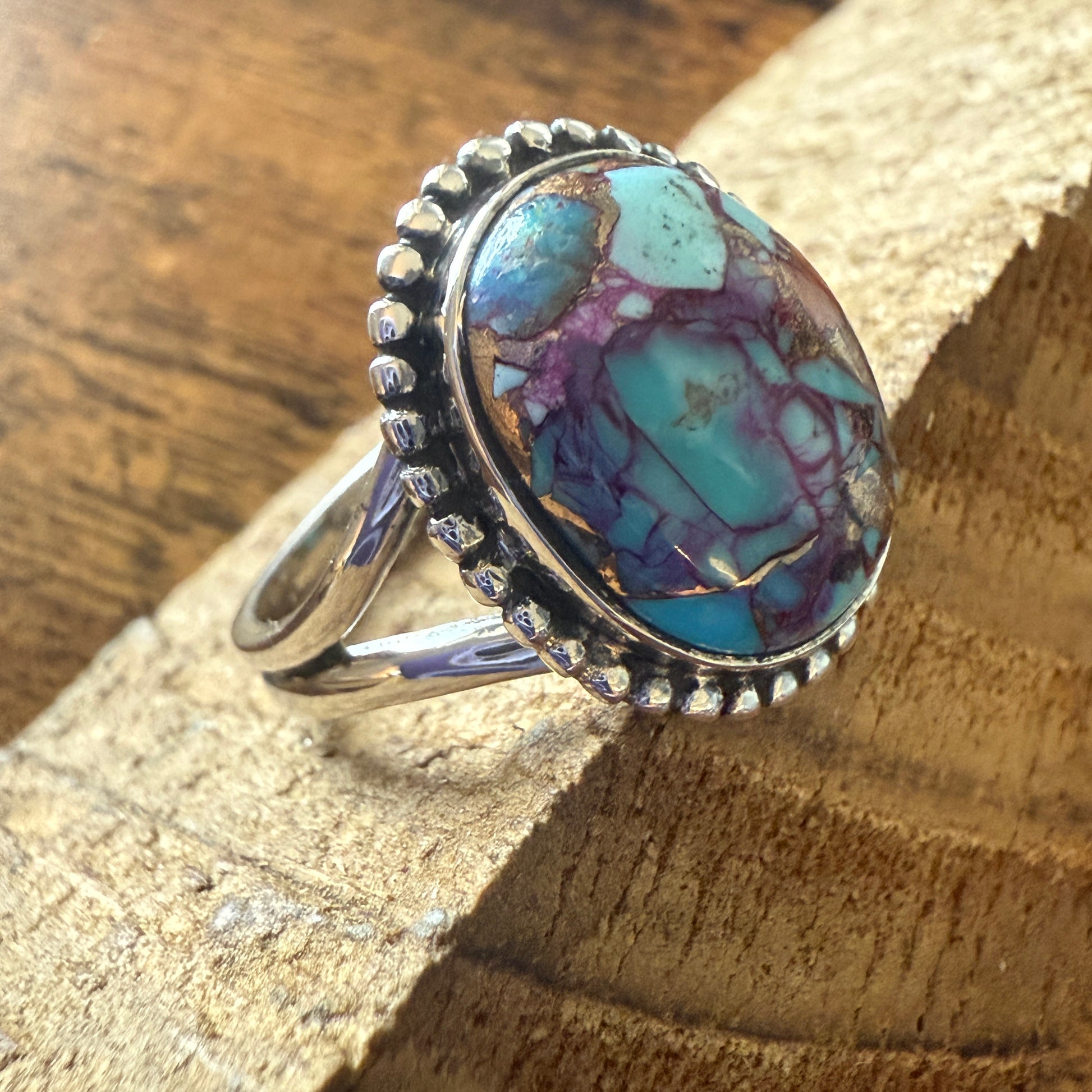 Kingman Purple Dahlia Turquoise 925 Sterling Silver Handmade Ring, Size 10 Silver Elegant