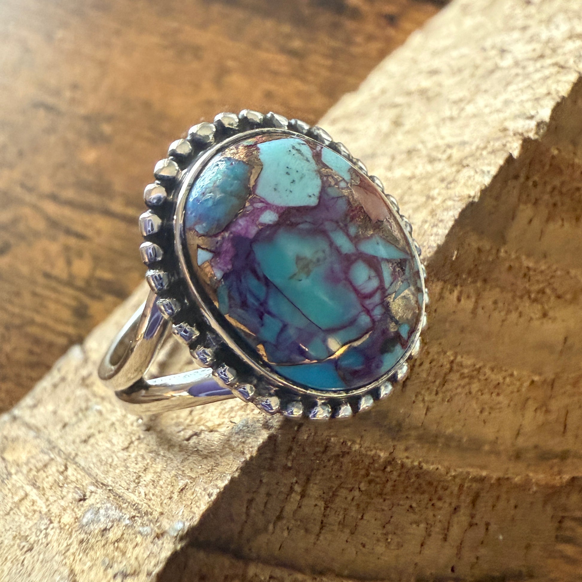 Kingman Purple Dahlia Turquoise 925 Sterling Silver Handmade Ring, Size 10 Silver Elegant
