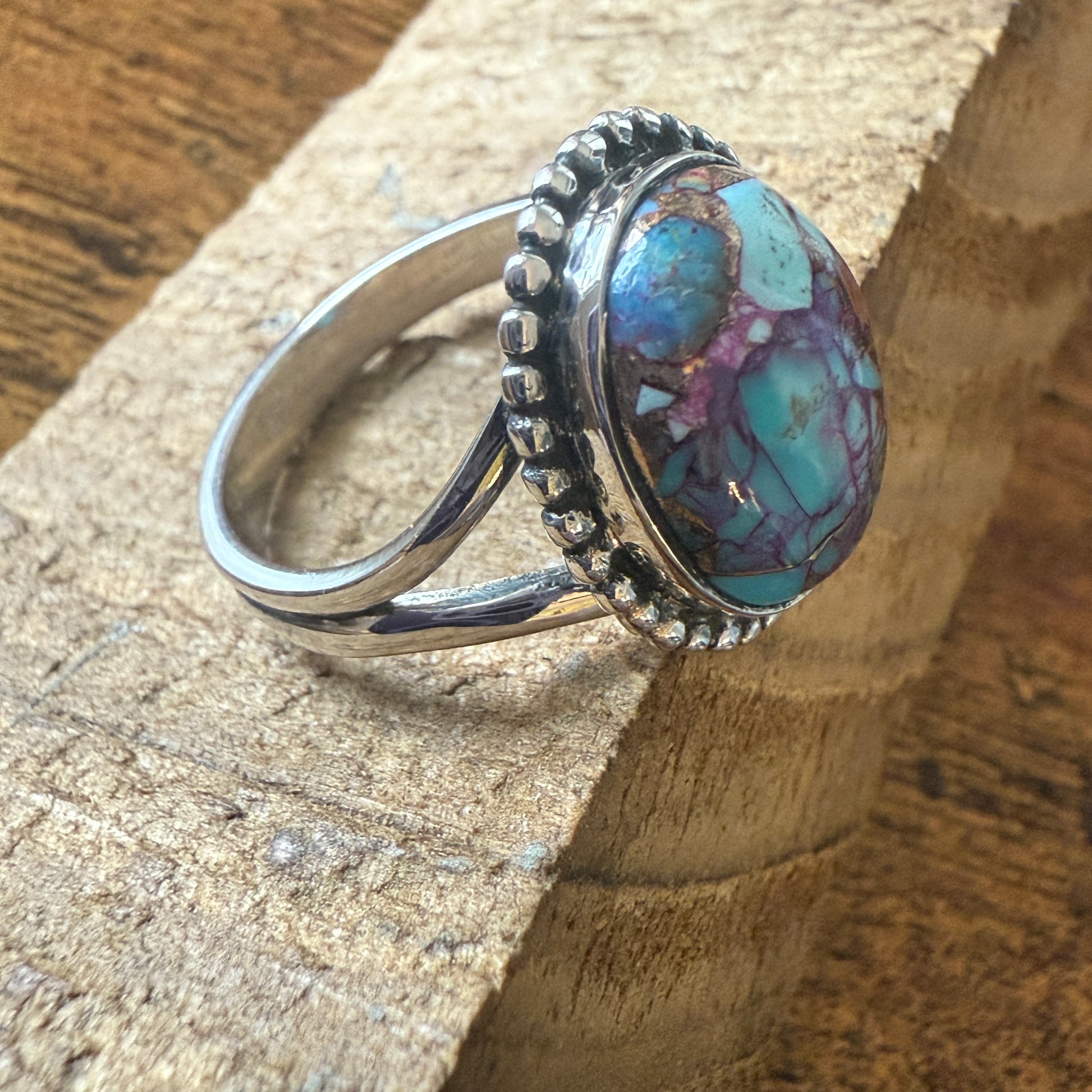 Kingman Purple Dahlia Turquoise 925 Sterling Silver Handmade Ring, Size 10 Silver Elegant