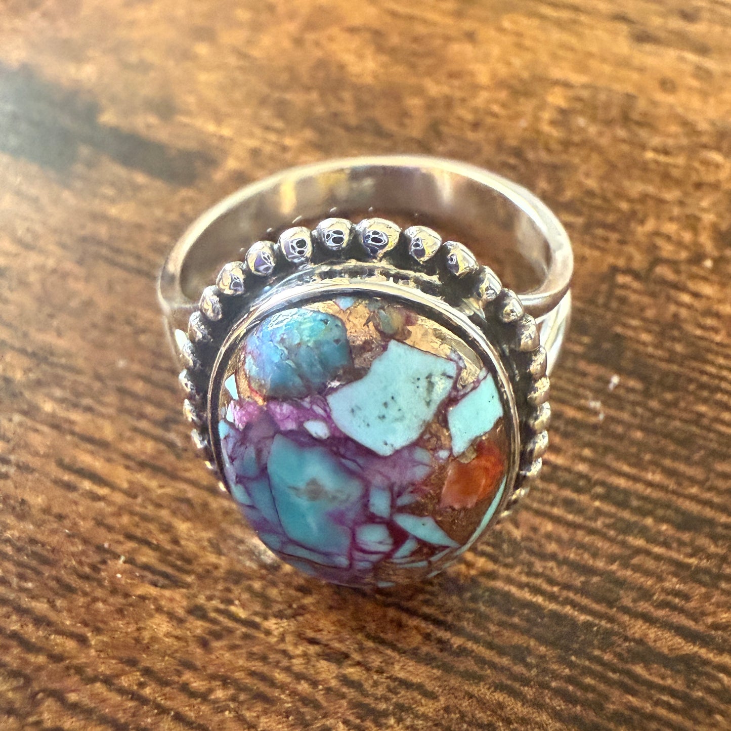 Kingman Purple Dahlia Turquoise 925 Sterling Silver Handmade Ring, Size 10 Silver Elegant