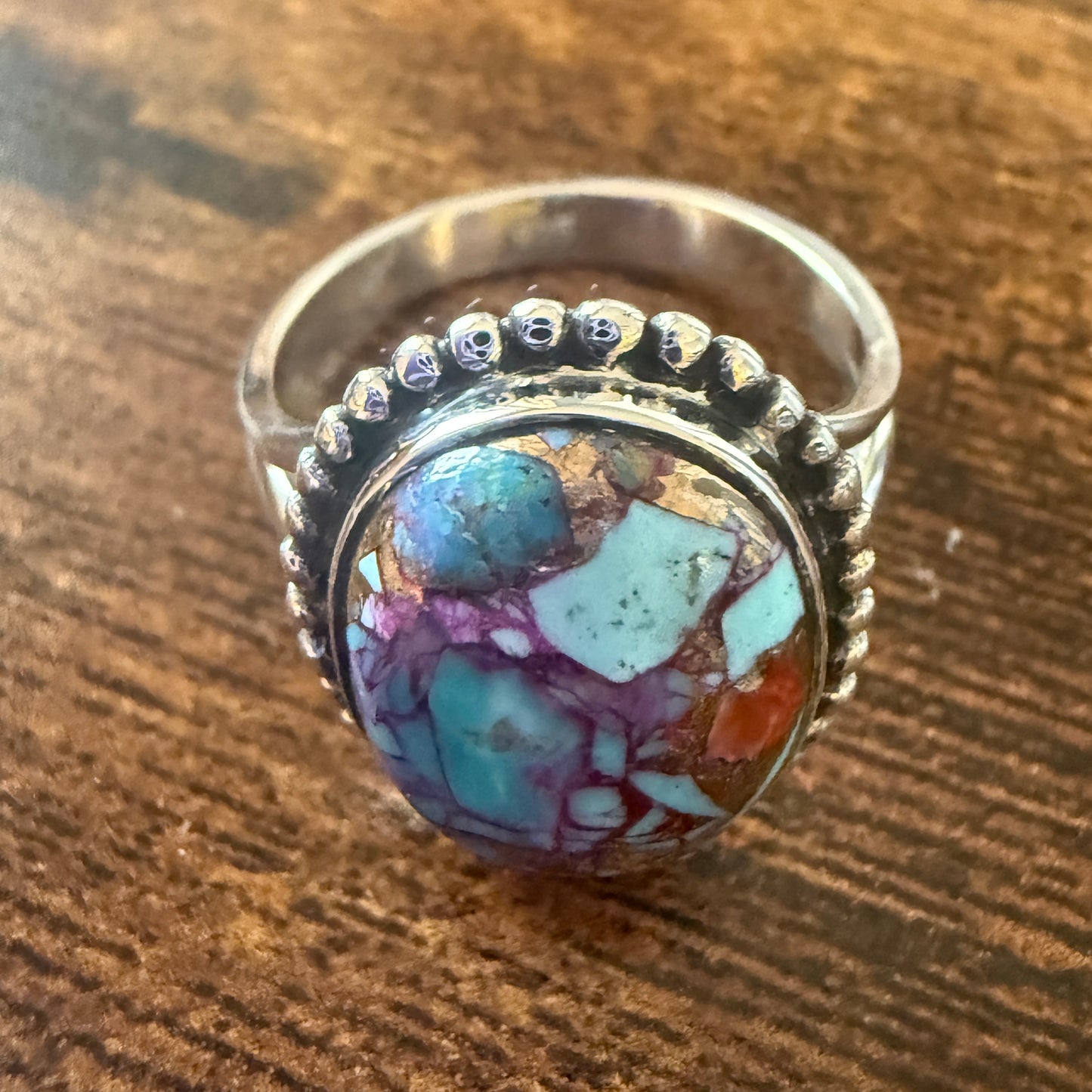 Kingman Purple Dahlia Turquoise 925 Sterling Silver Handmade Ring, Size 10 Silver Elegant