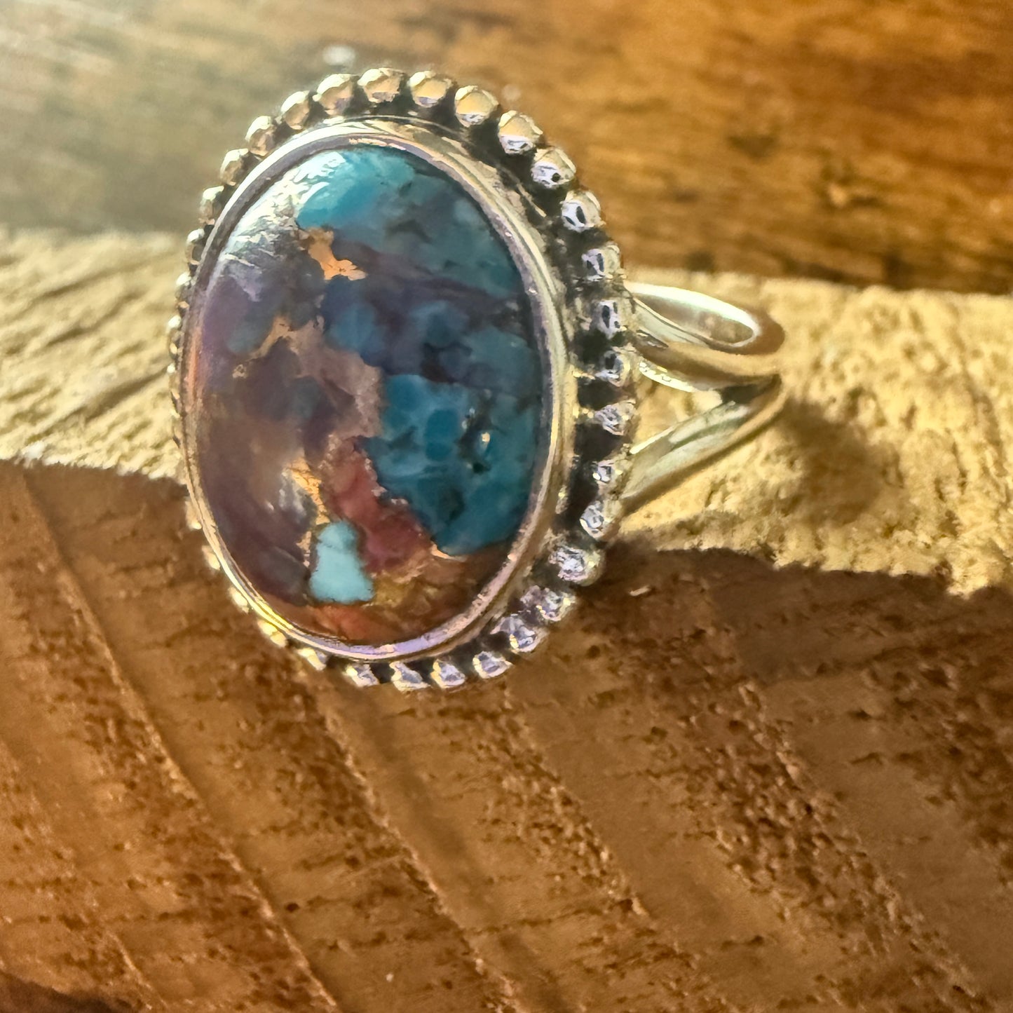 Kingman Purple Dahlia Turquoise Handmade Sterling Silver Cuff Ring Size 8.5 Silver Elegant
