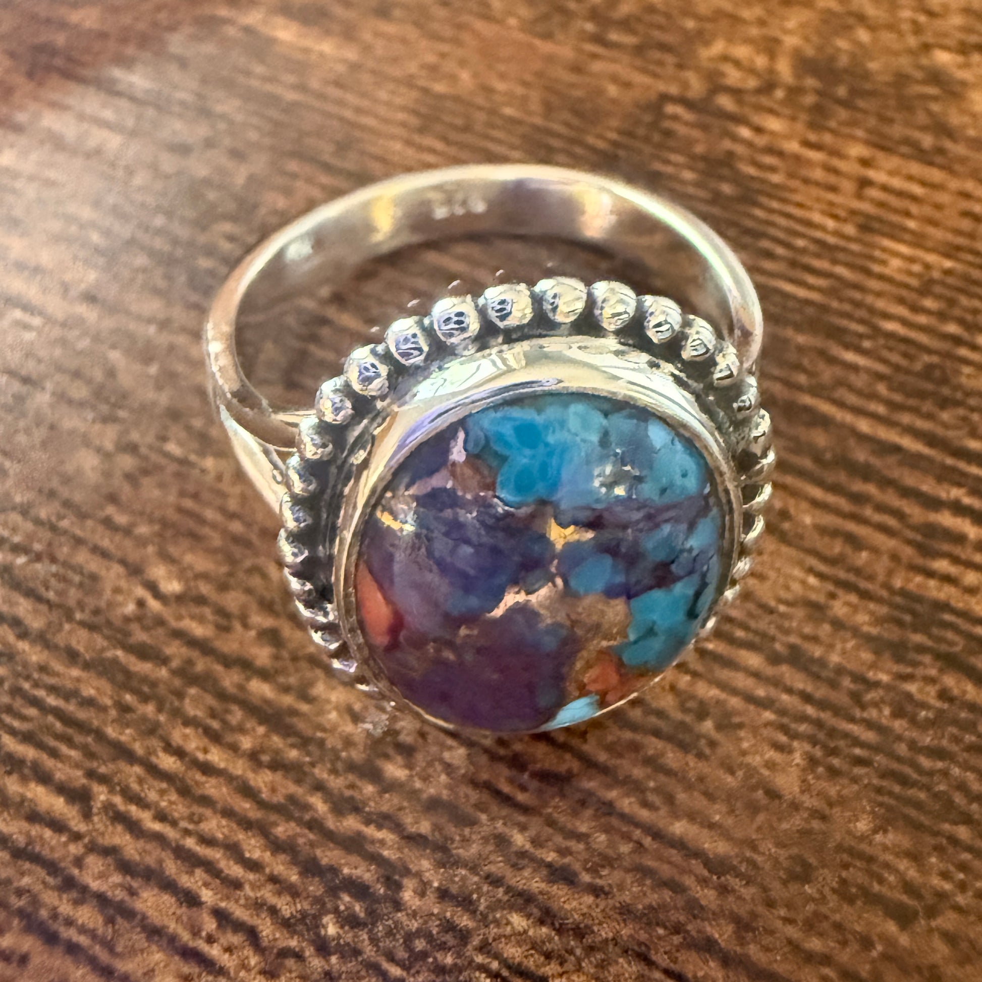 Kingman Purple Dahlia Turquoise Handmade Sterling Silver Cuff Ring Size 8.5 Silver Elegant