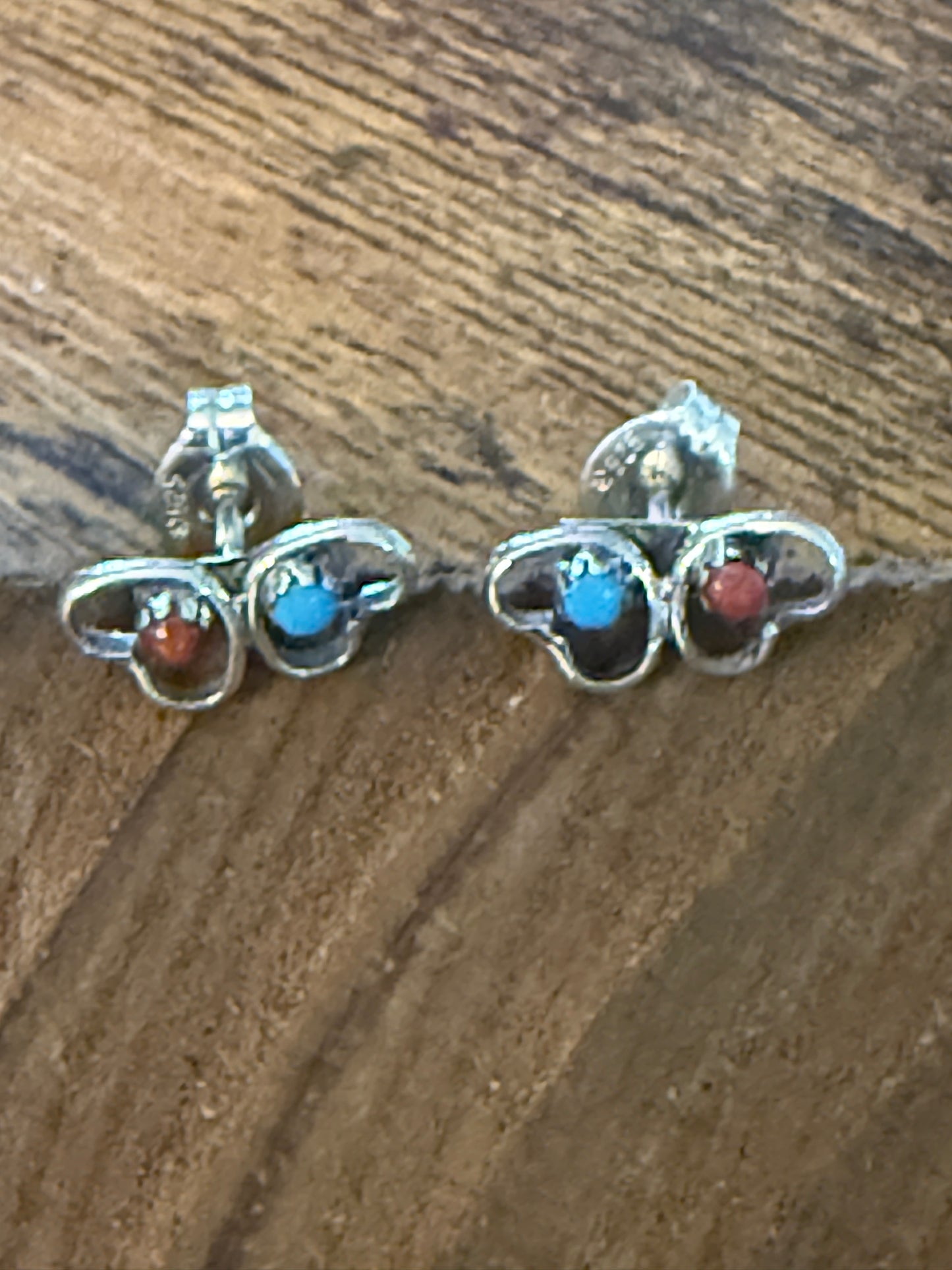 Native American Small Turquoise Coral Heart Post Stud Earrings, Sterling Silver, By Neha Silver Elegant