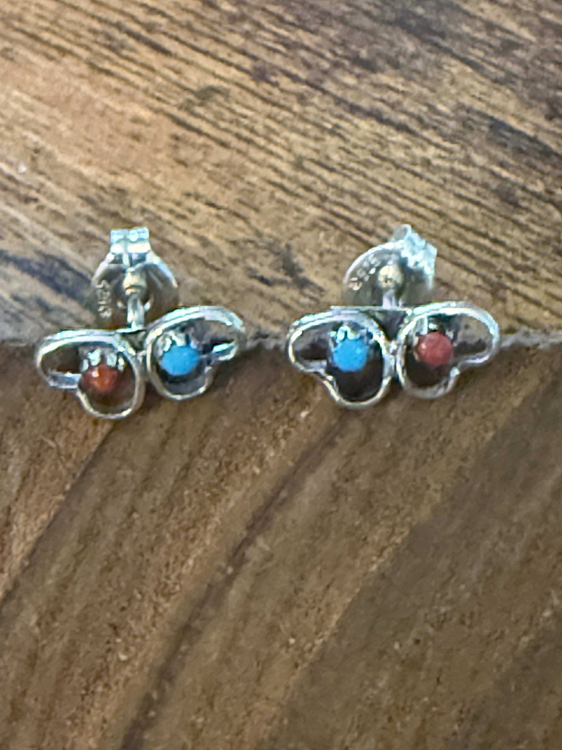 Native American Small Turquoise Coral Heart Post Stud Earrings, Sterling Silver, By Neha Silver Elegant