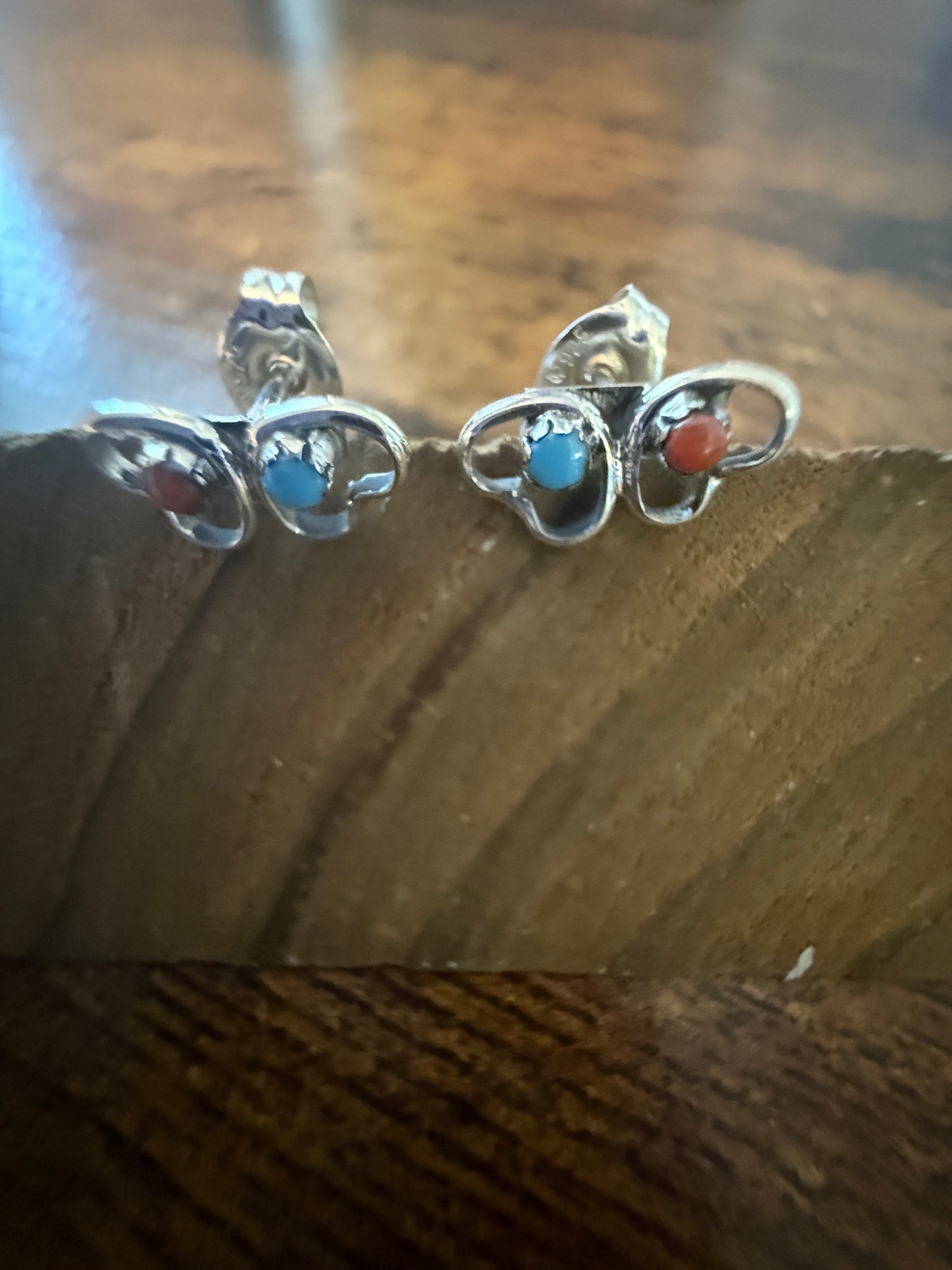 Native American Small Turquoise Coral Heart Post Stud Earrings, Sterling Silver, By Neha Silver Elegant