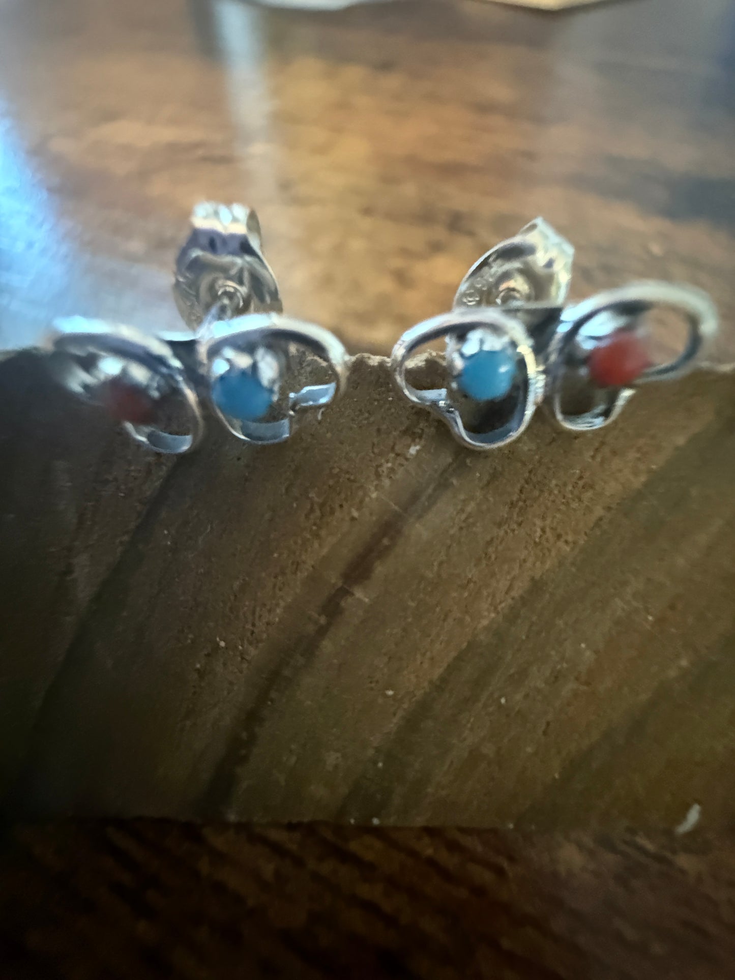 Native American Small Turquoise Coral Heart Post Stud Earrings, Sterling Silver, By Neha Silver Elegant