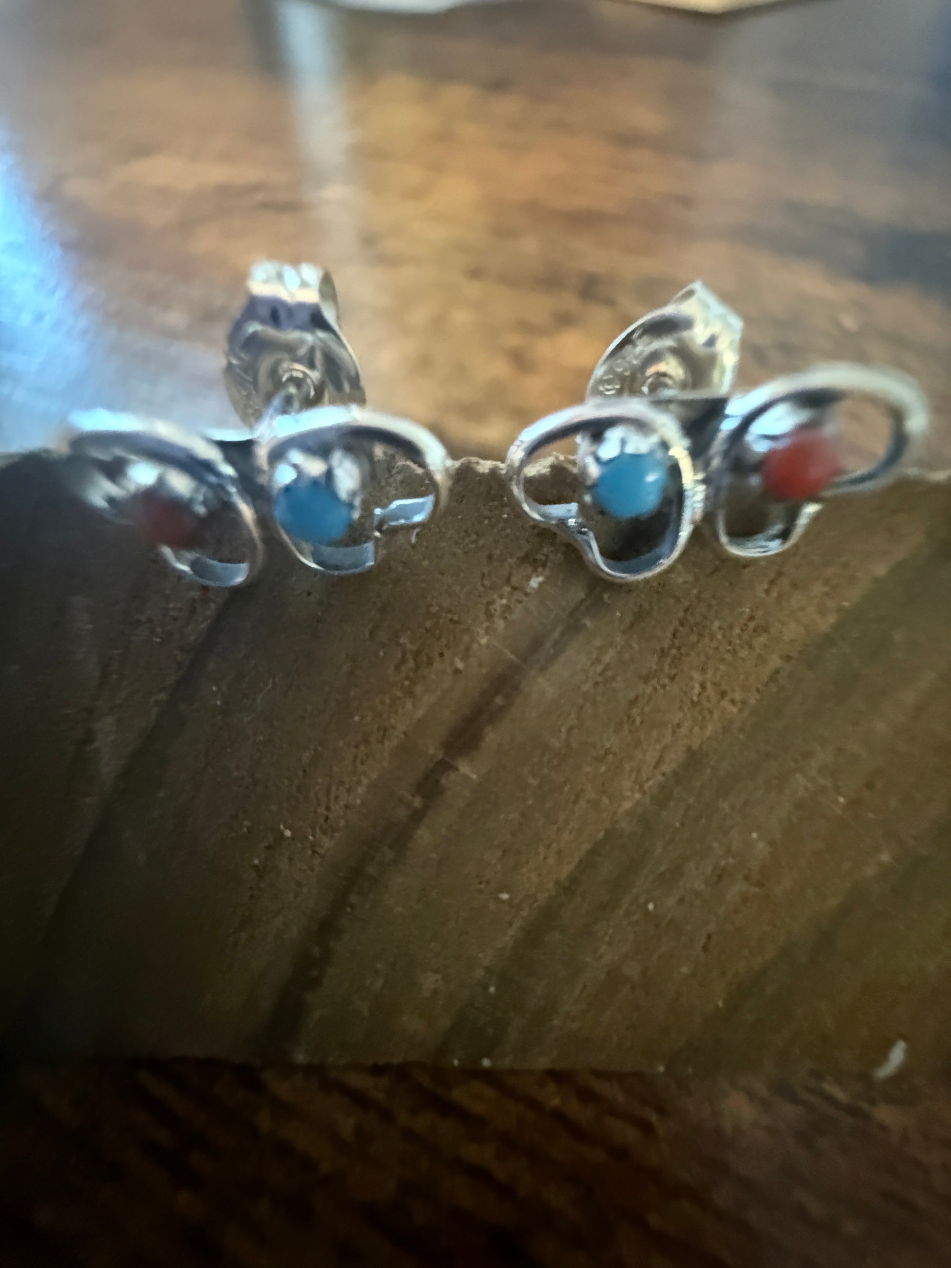 Native American Small Turquoise Coral Heart Post Stud Earrings, Sterling Silver, By Neha Silver Elegant
