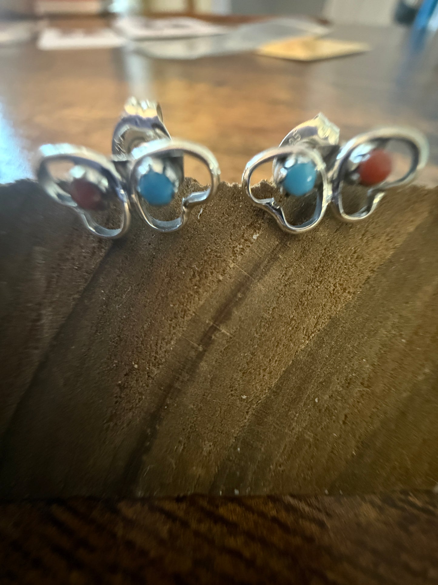 Native American Small Turquoise Coral Heart Post Stud Earrings, Sterling Silver, By Neha Silver Elegant