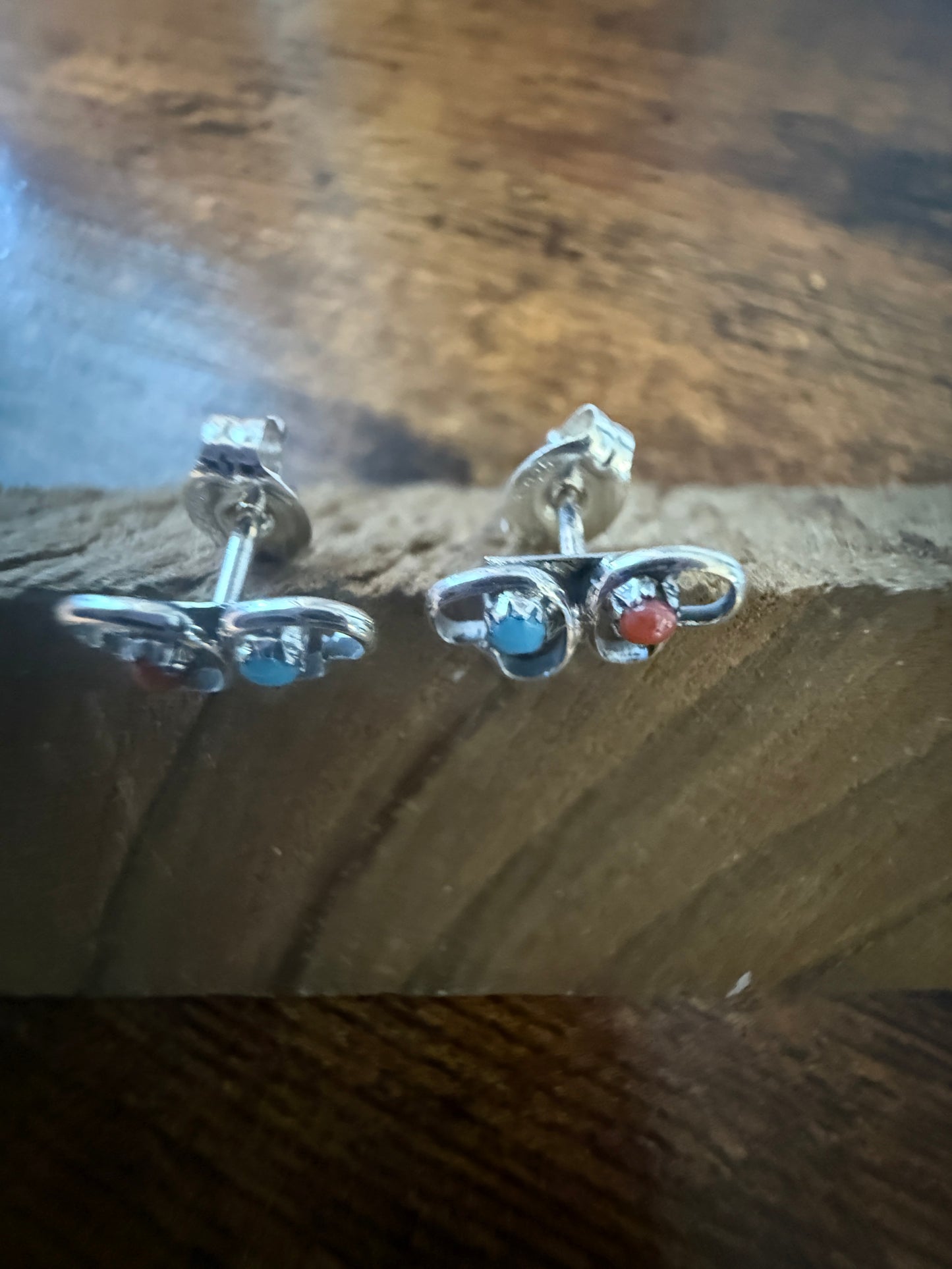Native American Small Turquoise Coral Heart Post Stud Earrings, Sterling Silver, By Neha Silver Elegant
