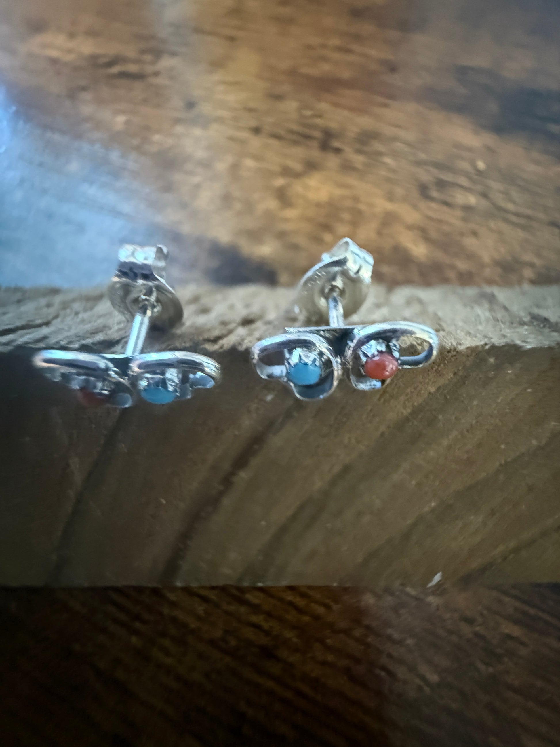 Native American Small Turquoise Coral Heart Post Stud Earrings, Sterling Silver, By Neha Silver Elegant