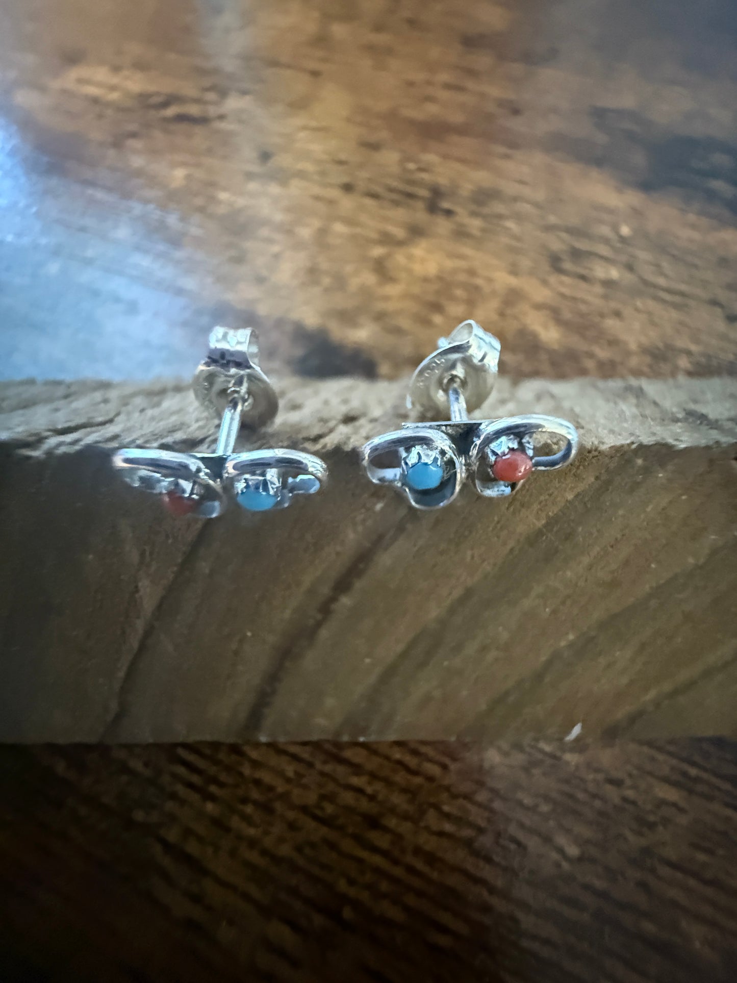 Native American Small Turquoise Coral Heart Post Stud Earrings, Sterling Silver, By Neha Silver Elegant