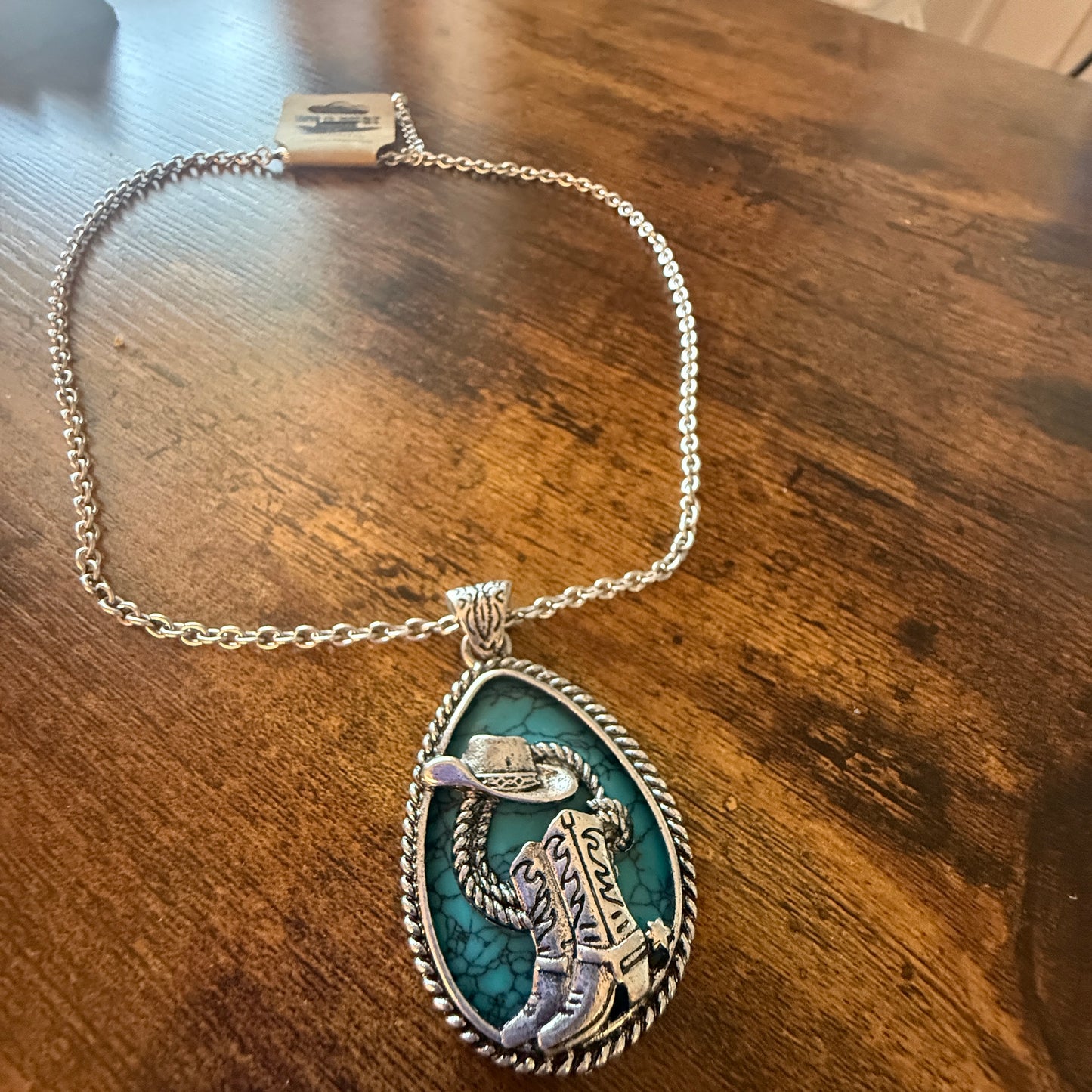 SouthWestern Turquoise Hat and Boot Teardrop Pendant Necklace WildWestBoho