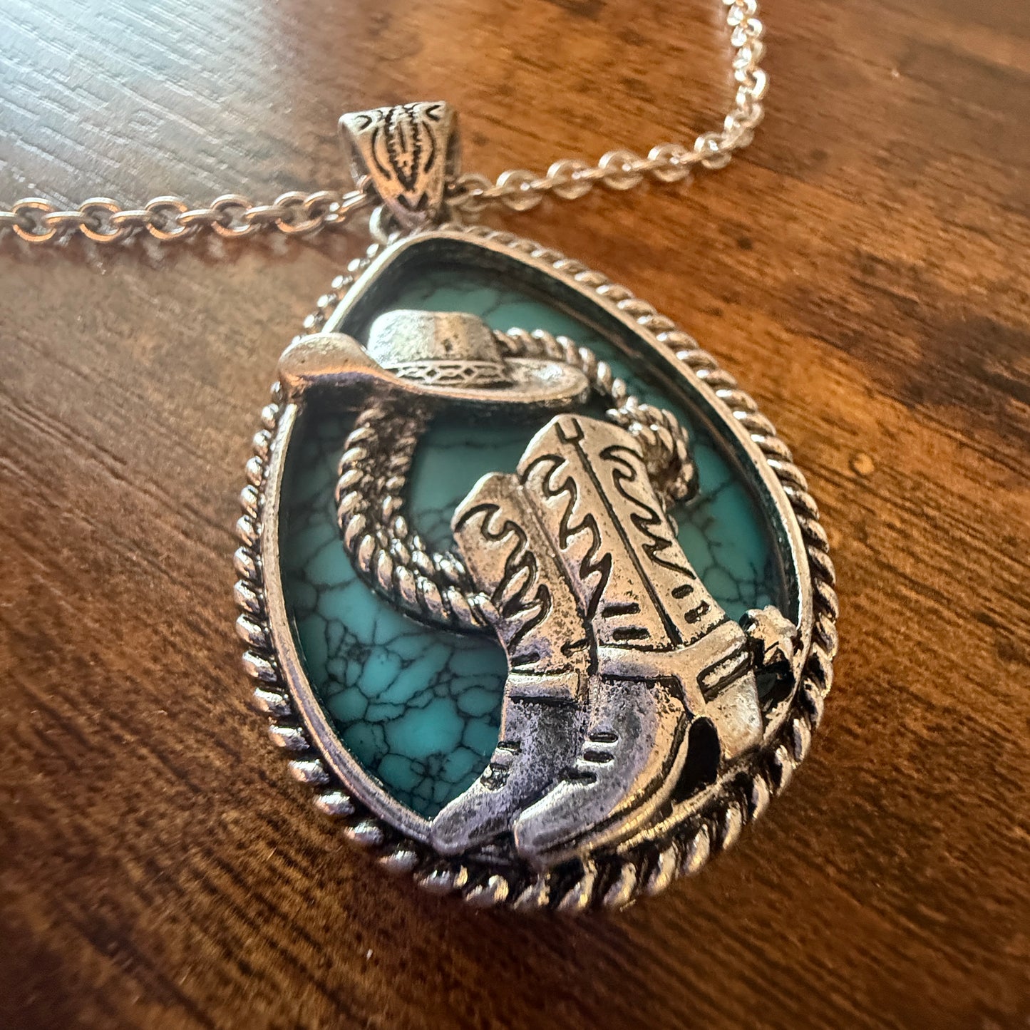SouthWestern Turquoise Hat and Boot Teardrop Pendant Necklace WildWestBoho