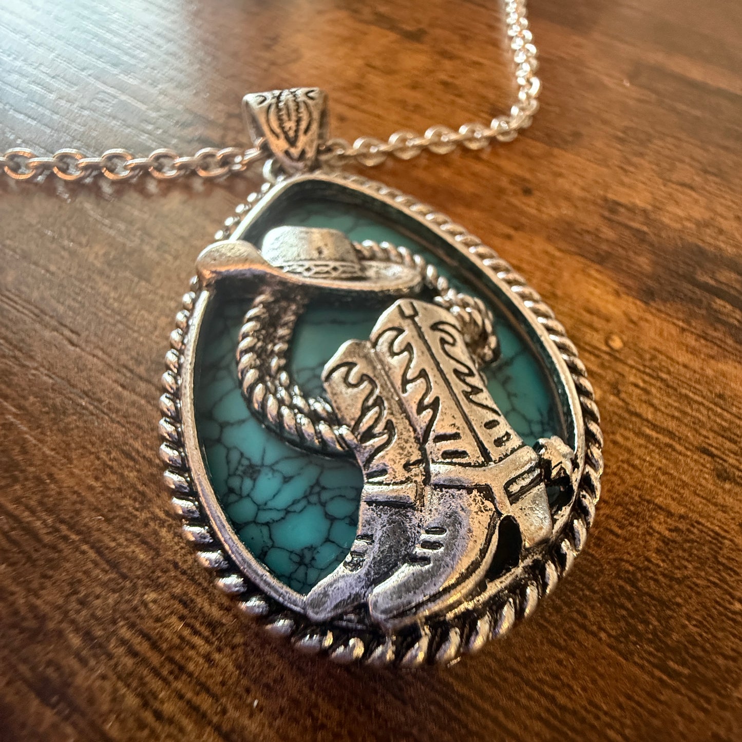 SouthWestern Turquoise Hat and Boot Teardrop Pendant Necklace WildWestBoho
