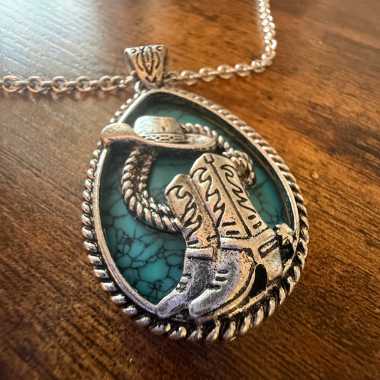 SouthWestern Turquoise Hat and Boot Teardrop Pendant Necklace WildWestBoho