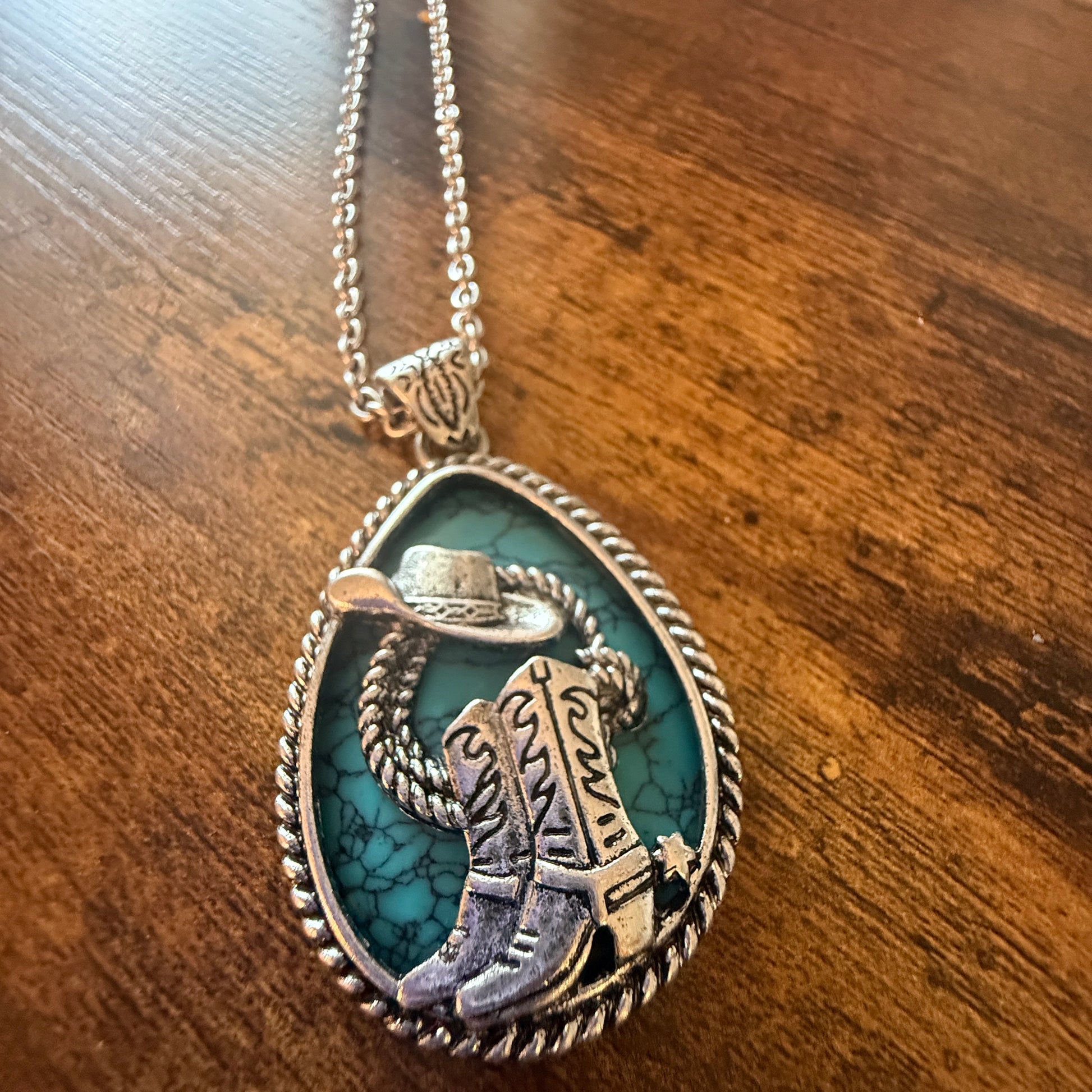 SouthWestern Turquoise Hat and Boot Teardrop Pendant Necklace WildWestBoho