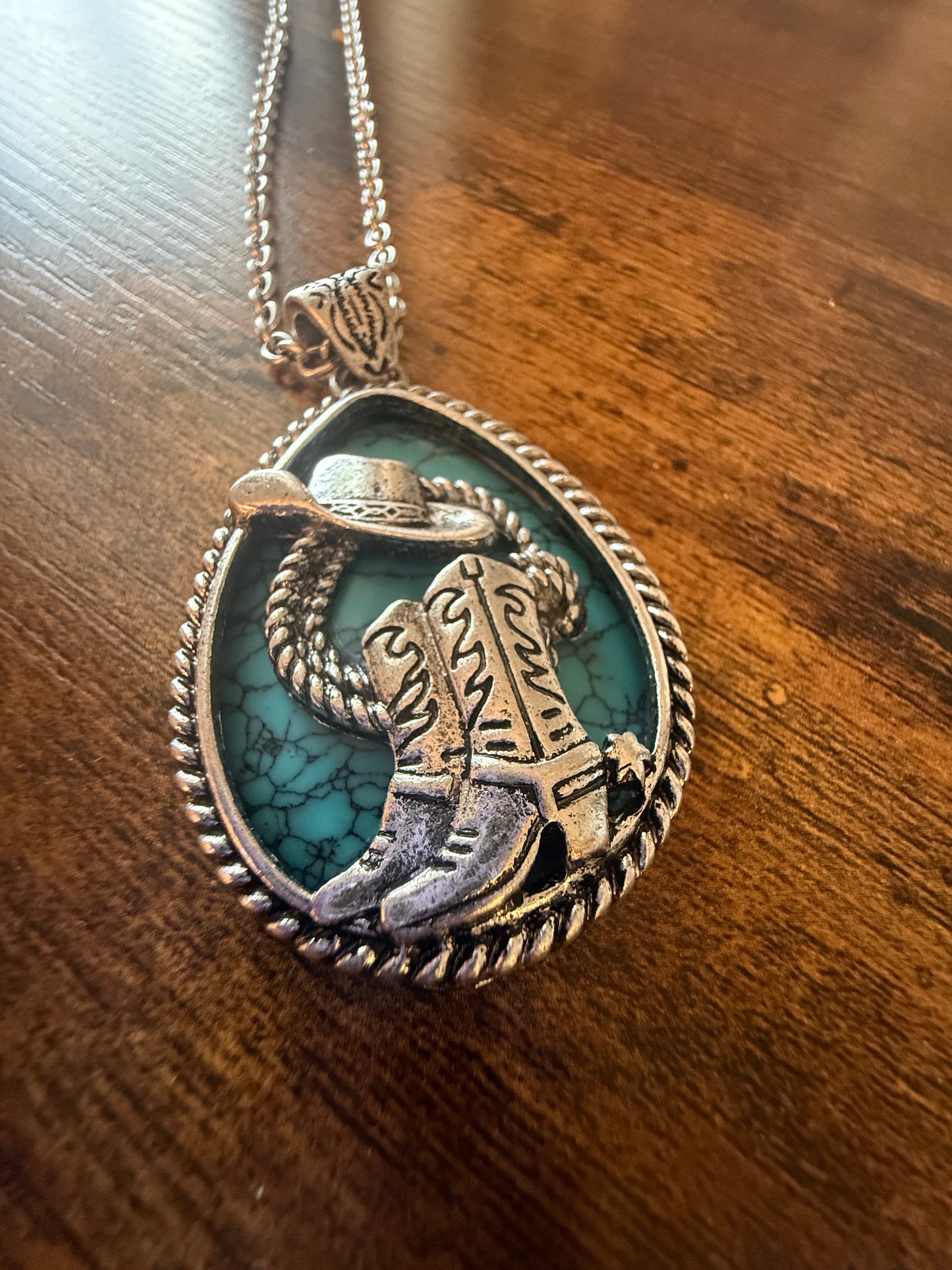 SouthWestern Turquoise Hat and Boot Teardrop Pendant Necklace WildWestBoho