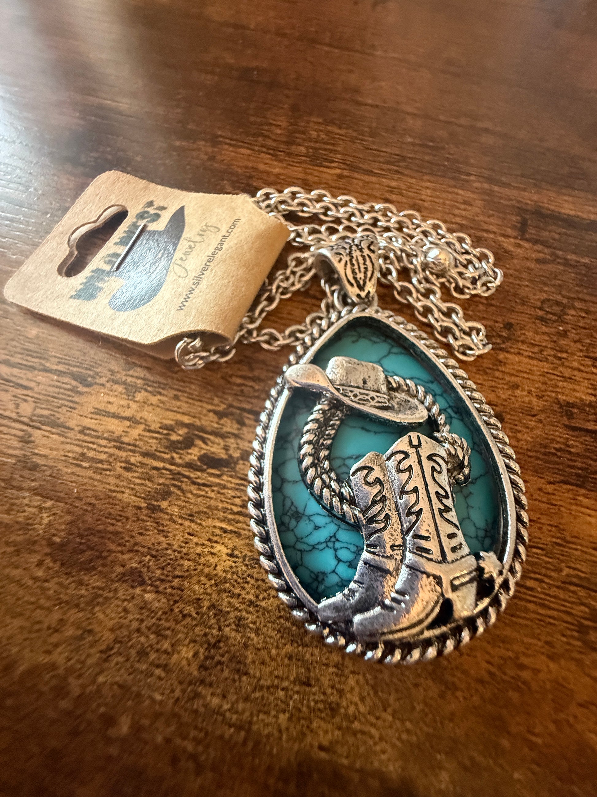 SouthWestern Turquoise Hat and Boot Teardrop Pendant Necklace WildWestBoho