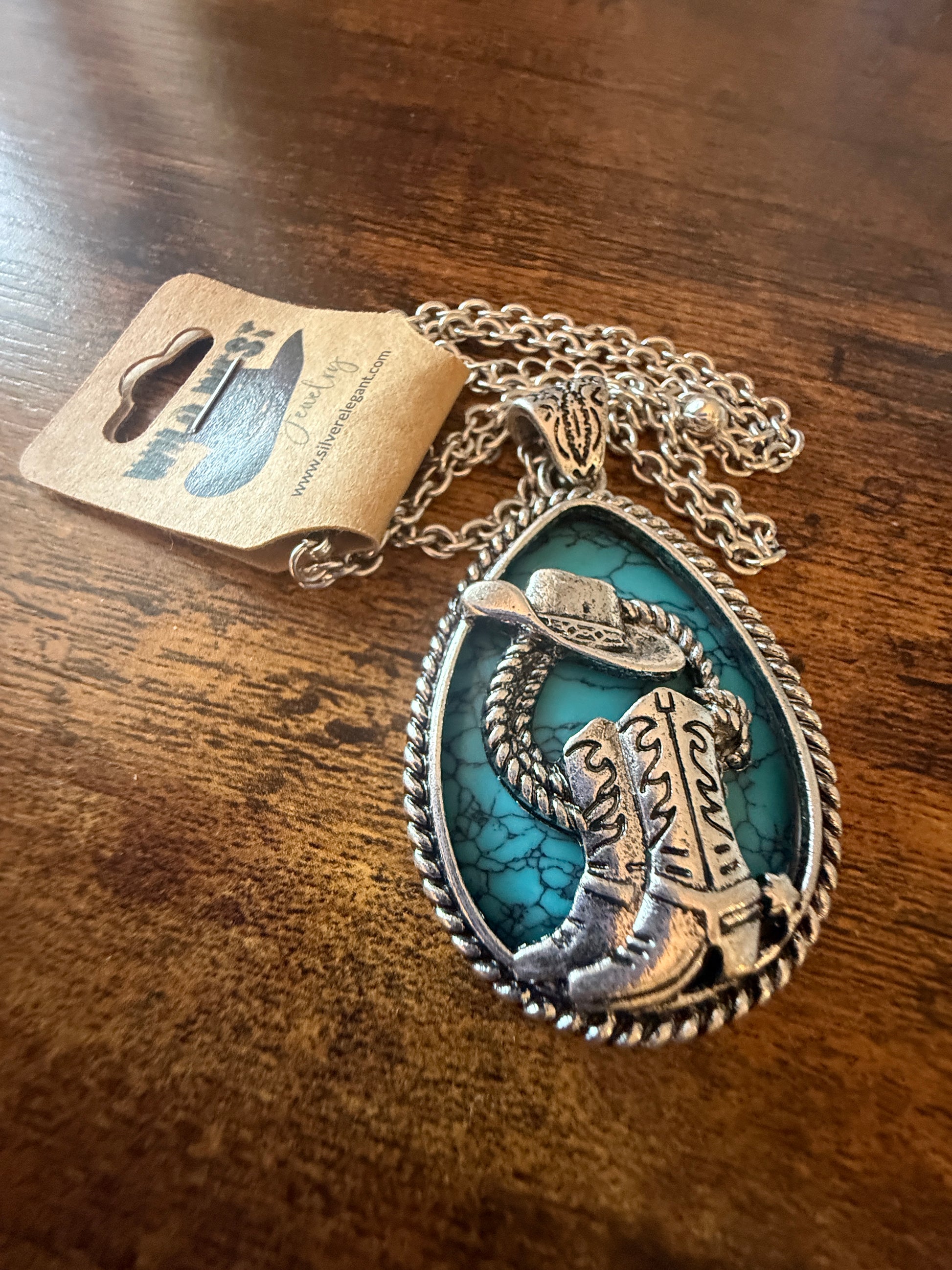 SouthWestern Turquoise Hat and Boot Teardrop Pendant Necklace WildWestBoho