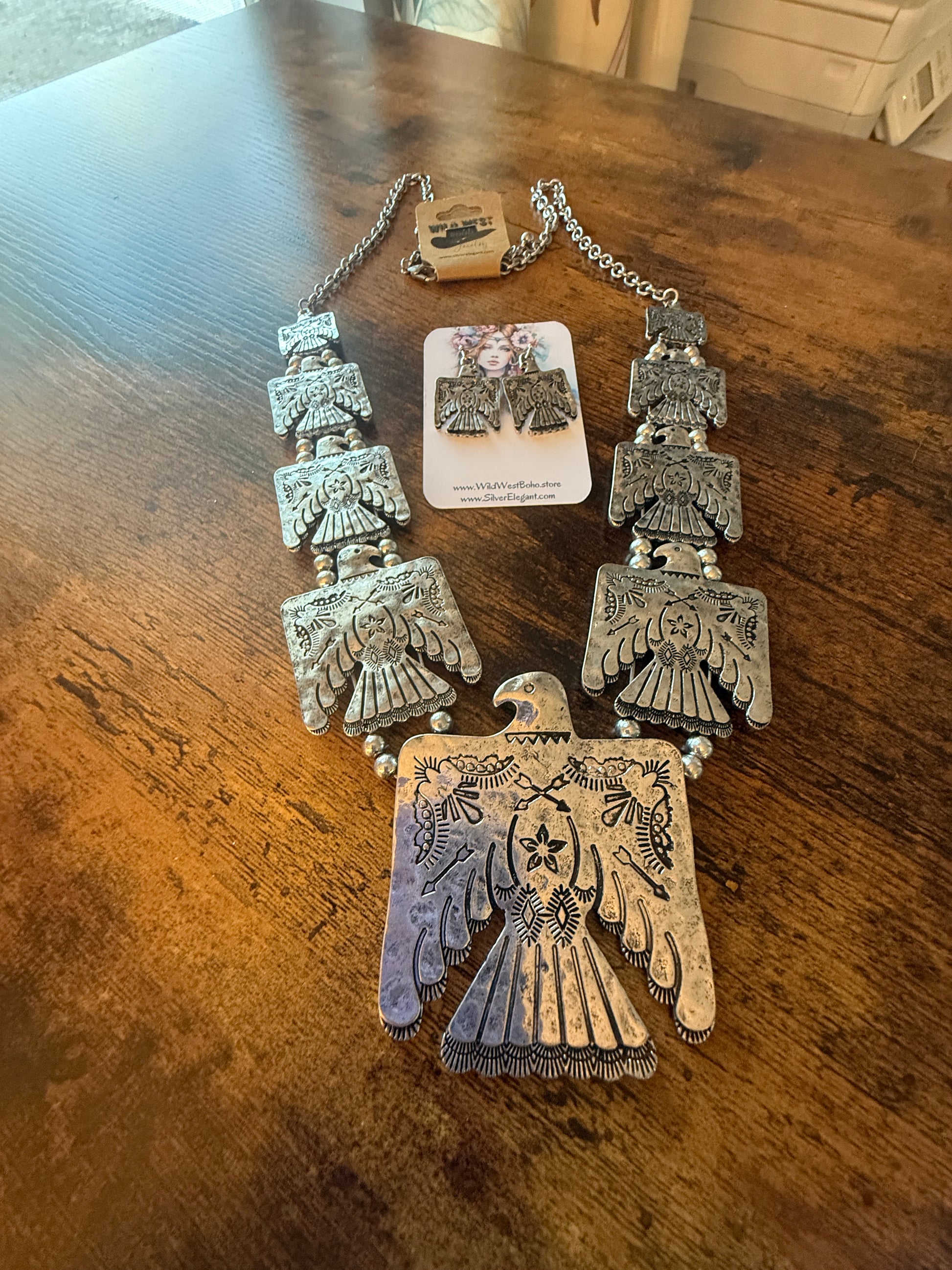 Thunderbird Multi Charm Western Necklace With Layered Charms and Earring Set WildWestBoho