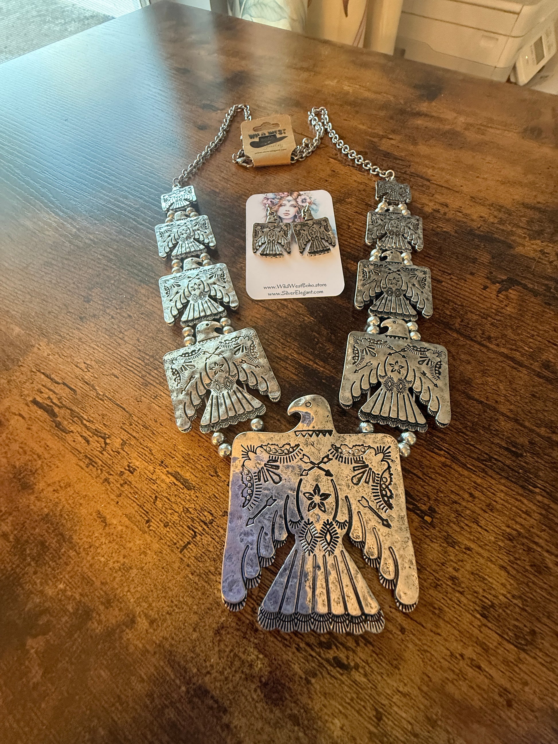 Thunderbird Multi Charm Western Necklace With Layered Charms and Earring Set WildWestBoho