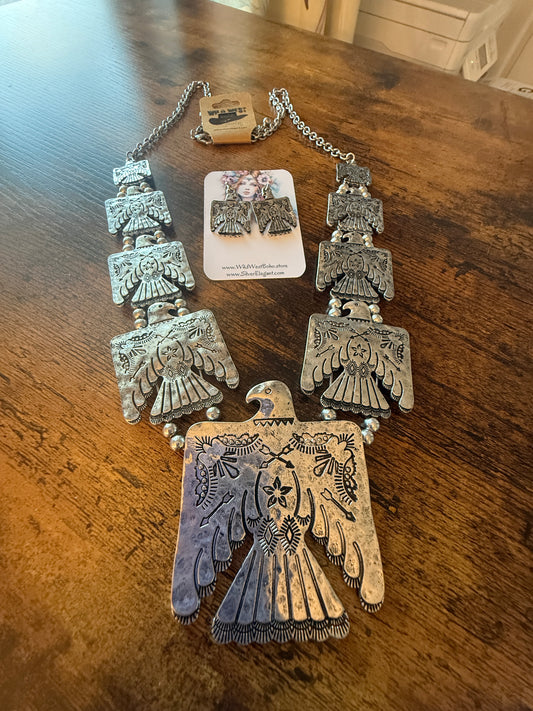 Thunderbird Multi Charm Western Necklace With Layered Charms and Earring Set WildWestBoho