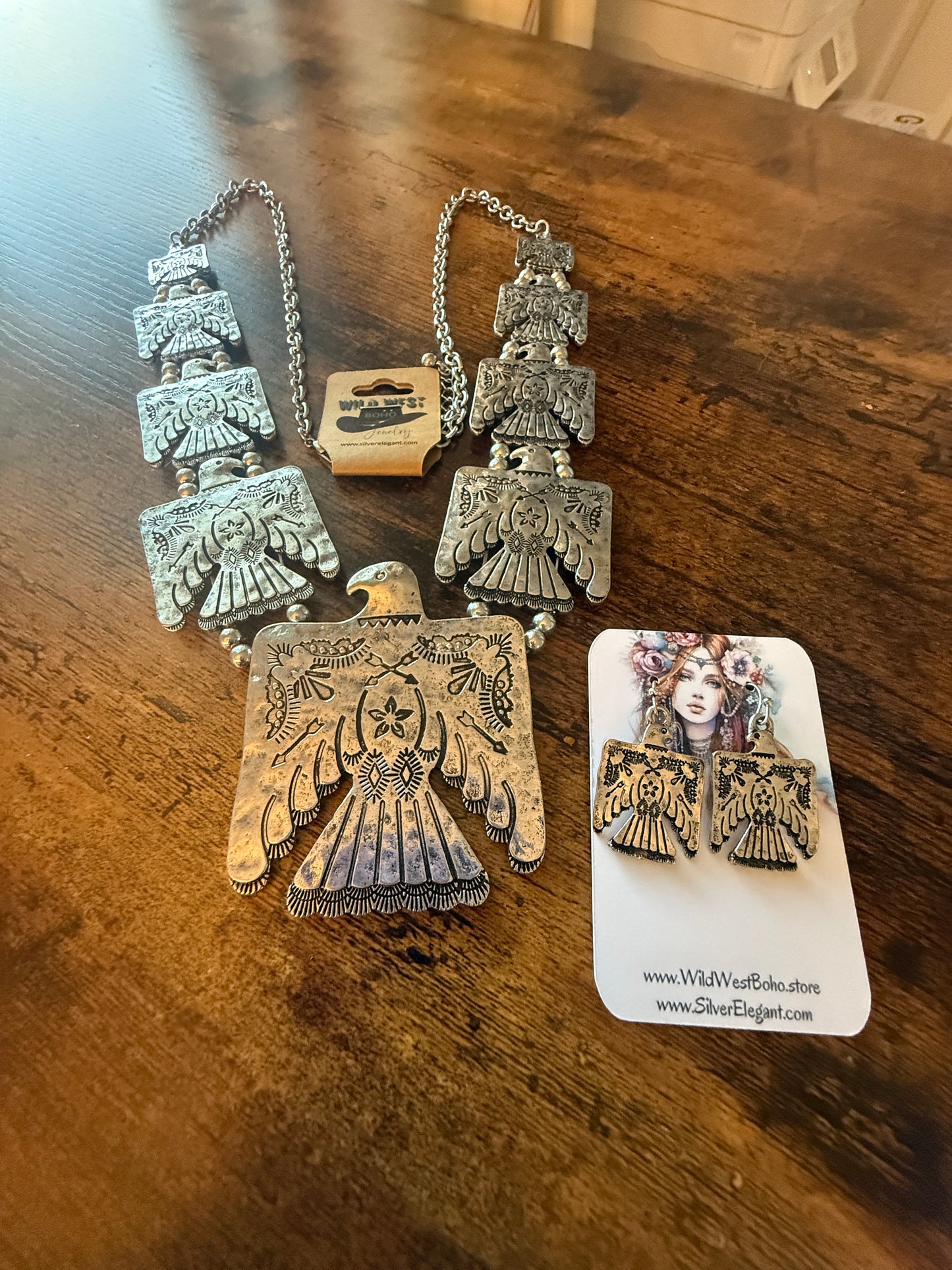 Thunderbird Multi Charm Western Necklace With Layered Charms and Earring Set WildWestBoho