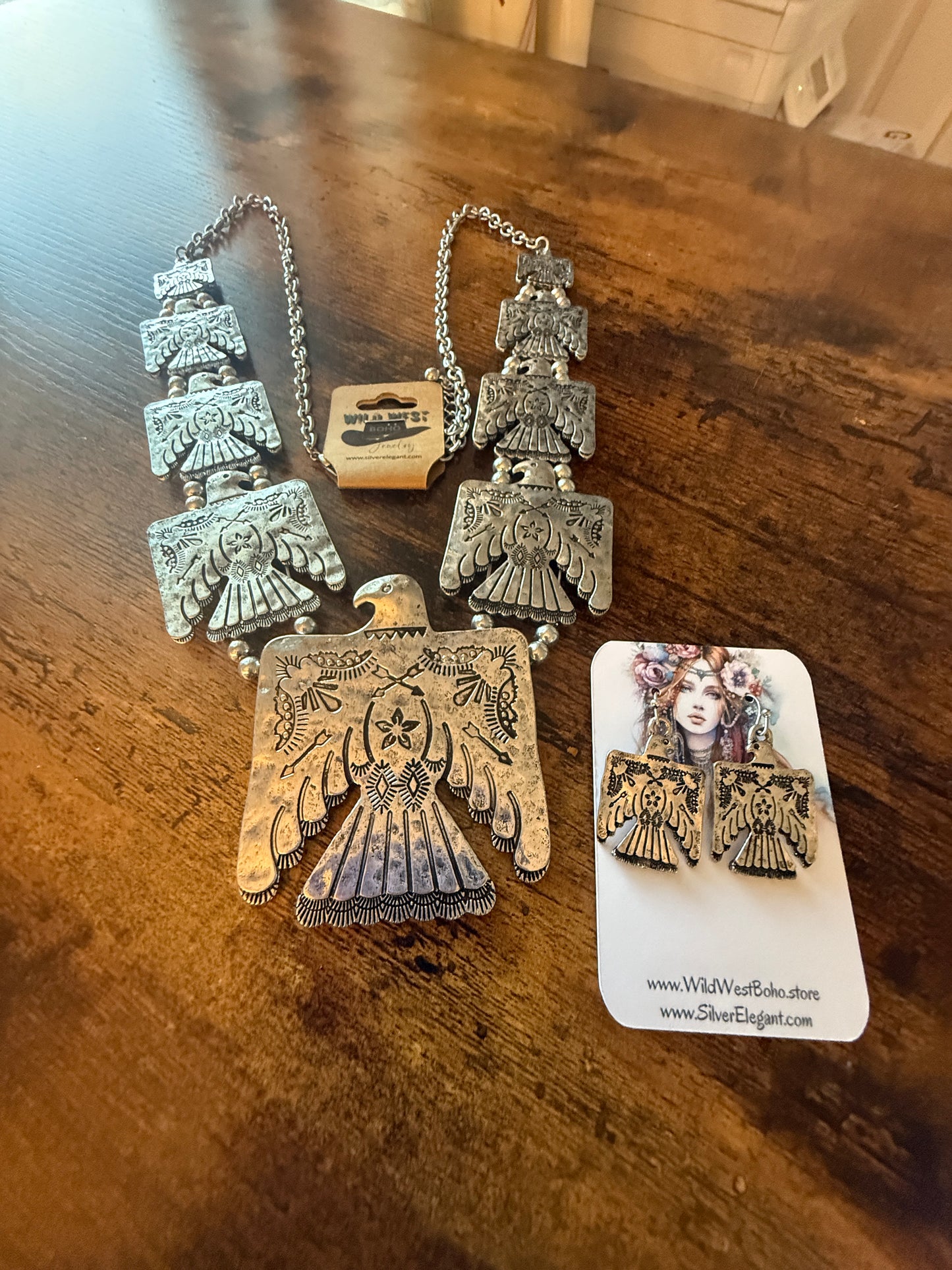 Thunderbird Multi Charm Western Necklace With Layered Charms and Earring Set WildWestBoho