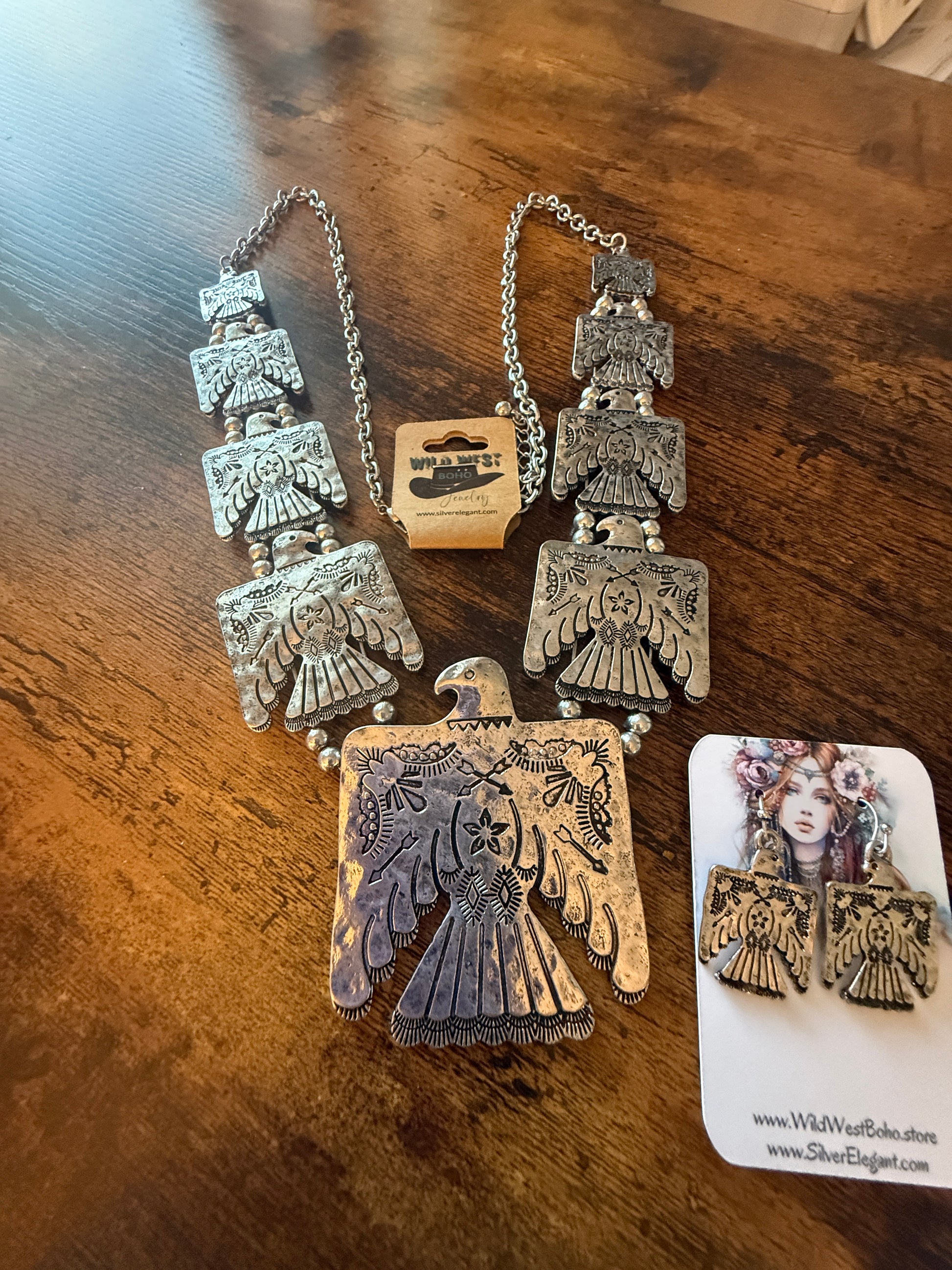 Thunderbird Multi Charm Western Necklace With Layered Charms and Earring Set WildWestBoho