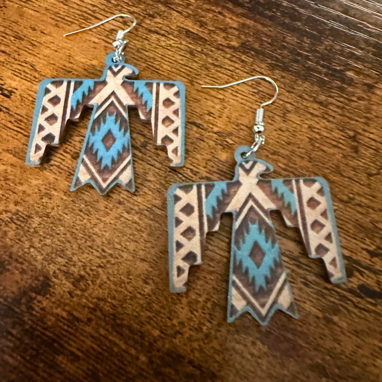 Handcrafted Wooden Thunderbird Wire Drop Earrings Artisanal Sustainable Wood Silver Elegant