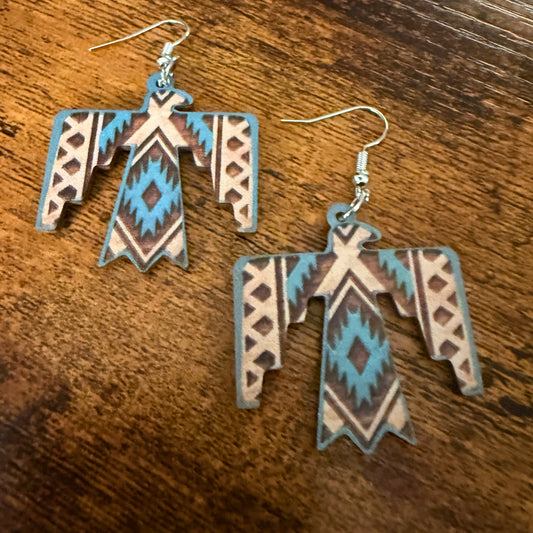 Handcrafted Wooden Thunderbird Wire Drop Earrings Artisanal Sustainable Wood Silver Elegant