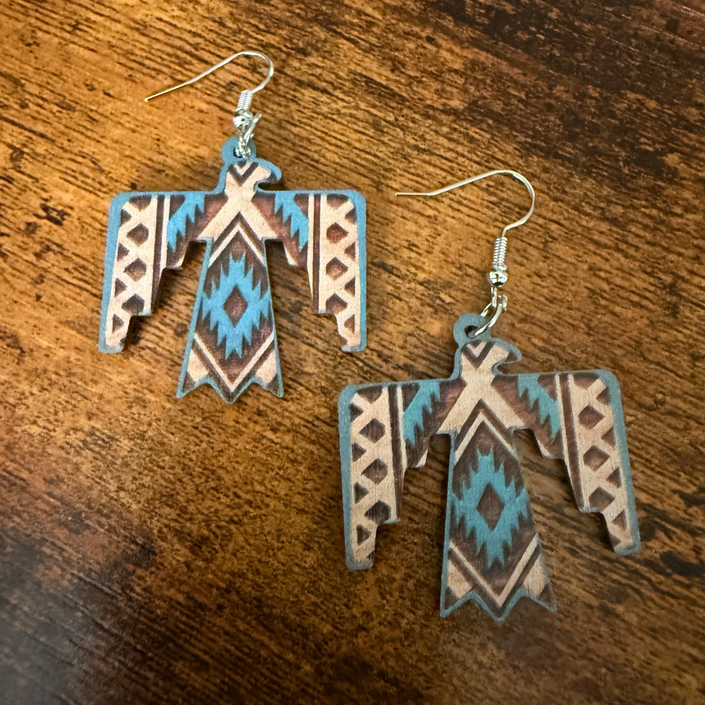 Handcrafted Wooden Thunderbird Wire Drop Earrings Artisanal Sustainable Wood Silver Elegant