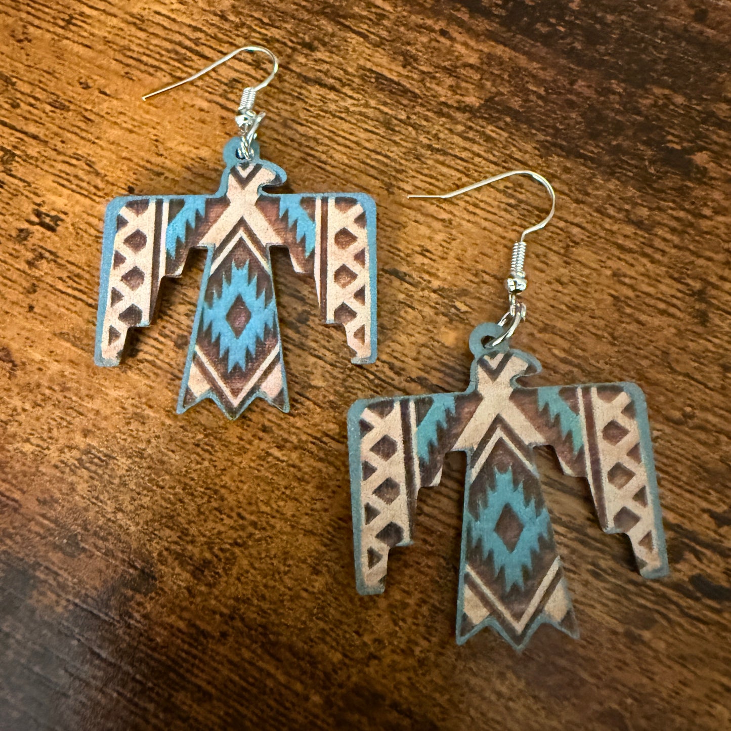 Handcrafted Wooden Thunderbird Wire Drop Earrings Artisanal Sustainable Wood Silver Elegant