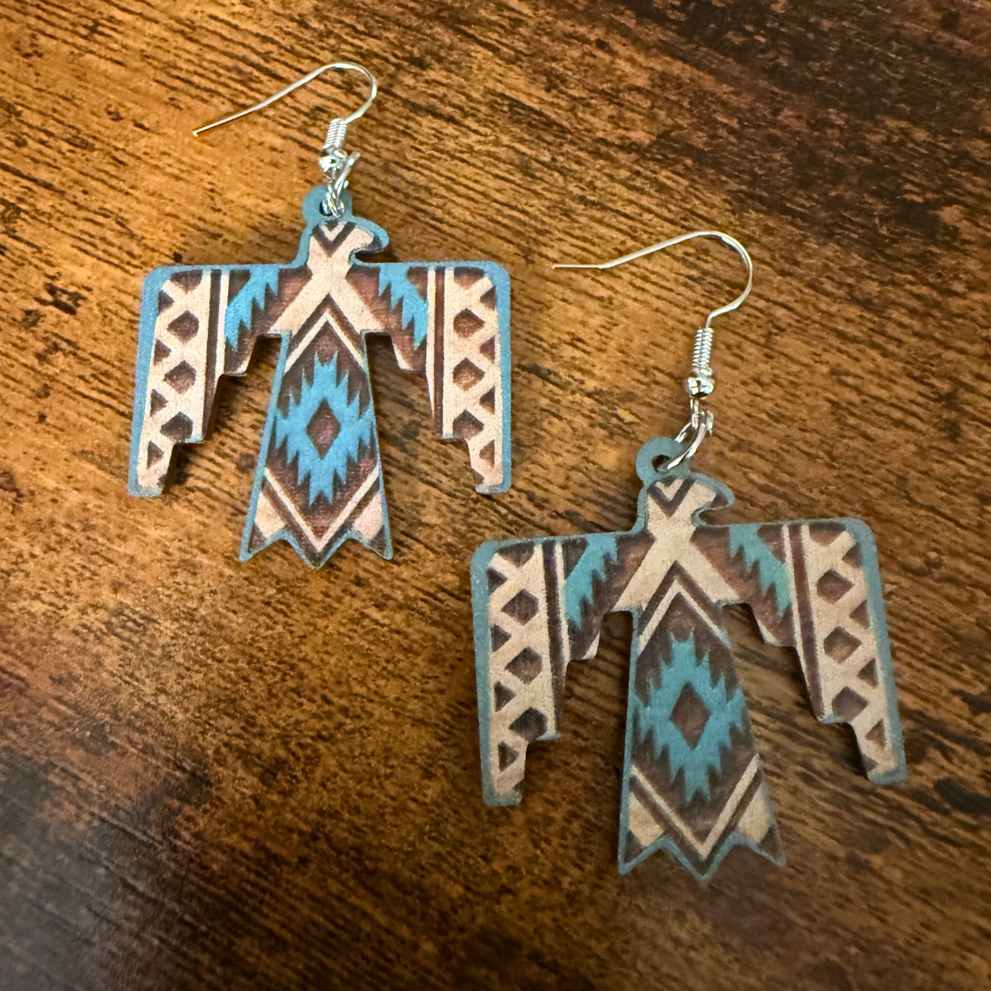 Handcrafted Wooden Thunderbird Wire Drop Earrings Artisanal Sustainable Wood Silver Elegant