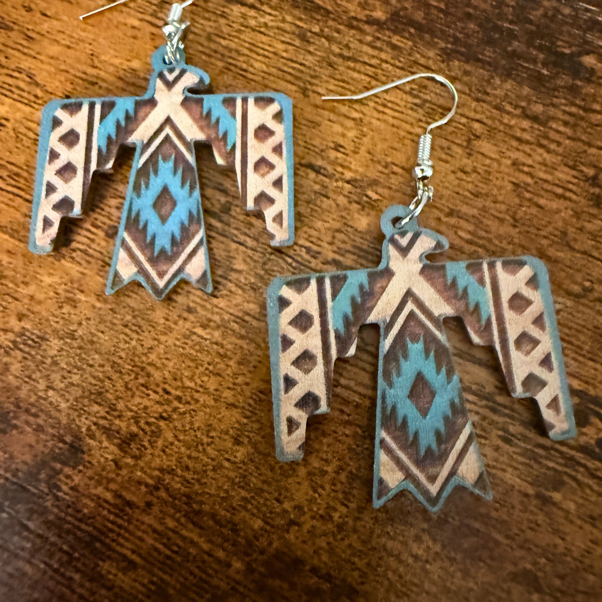 Handcrafted Wooden Thunderbird Wire Drop Earrings Artisanal Sustainable Wood Silver Elegant