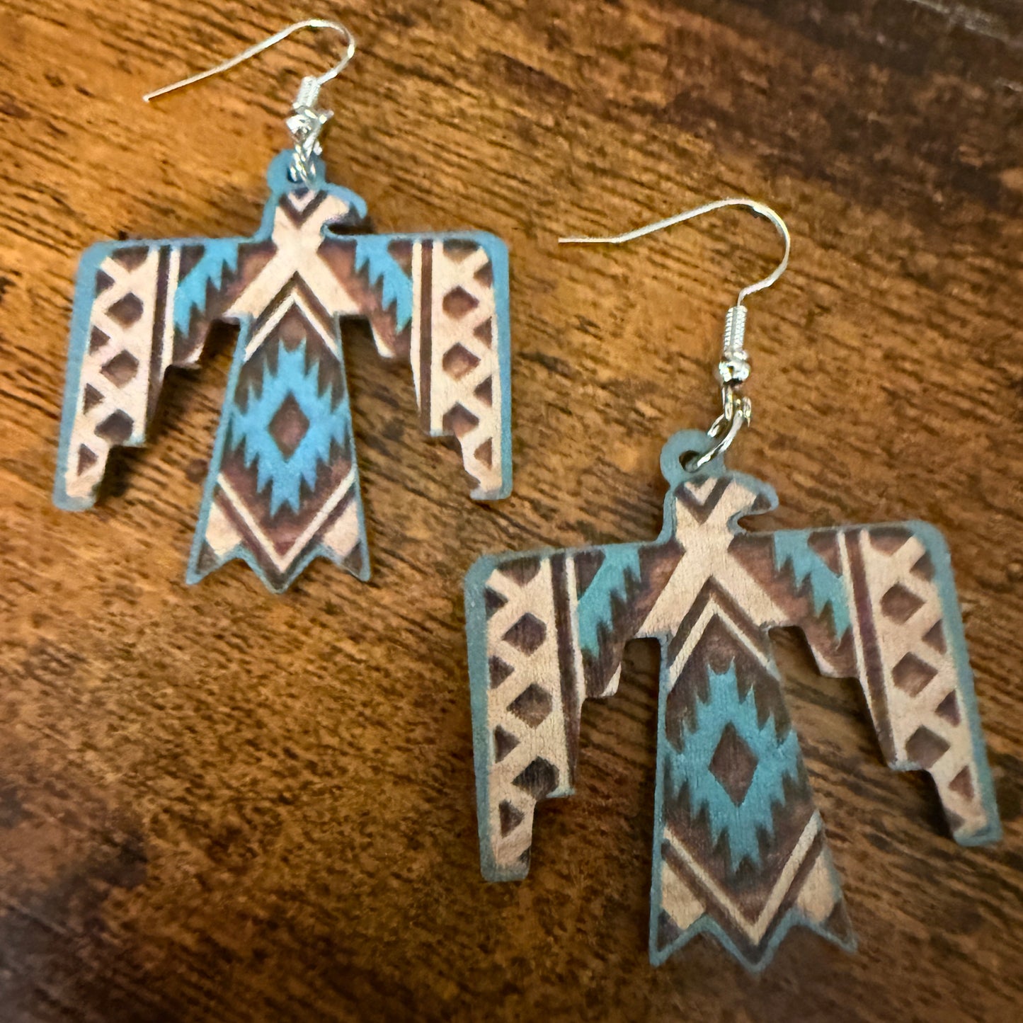 Handcrafted Wooden Thunderbird Wire Drop Earrings Artisanal Sustainable Wood Silver Elegant