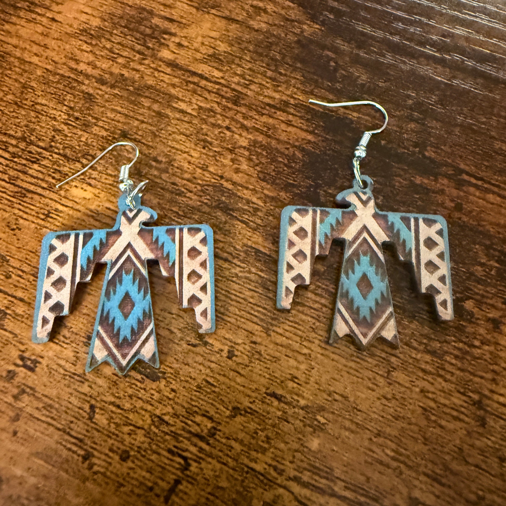Handcrafted Wooden Thunderbird Wire Drop Earrings Artisanal Sustainable Wood Silver Elegant