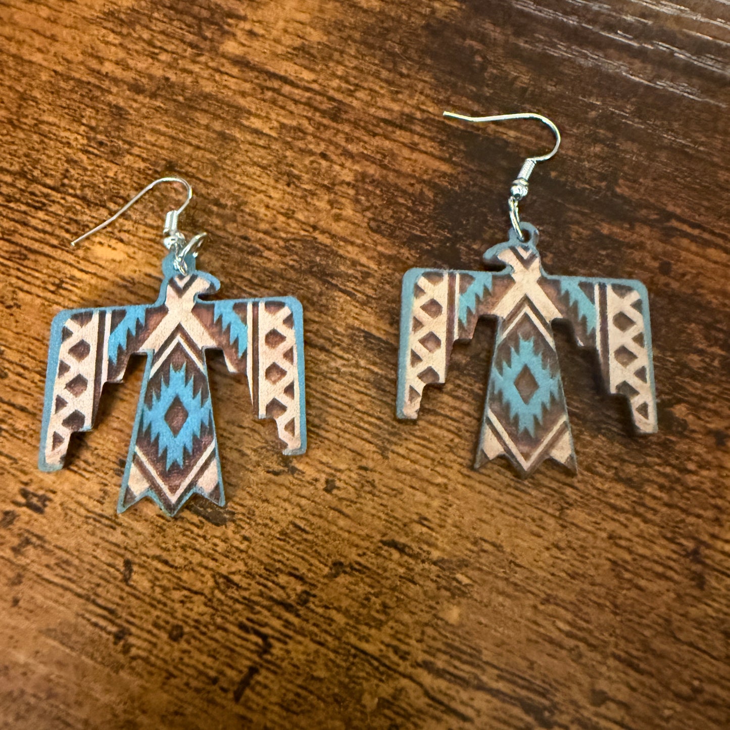 Handcrafted Wooden Thunderbird Wire Drop Earrings Artisanal Sustainable Wood Silver Elegant