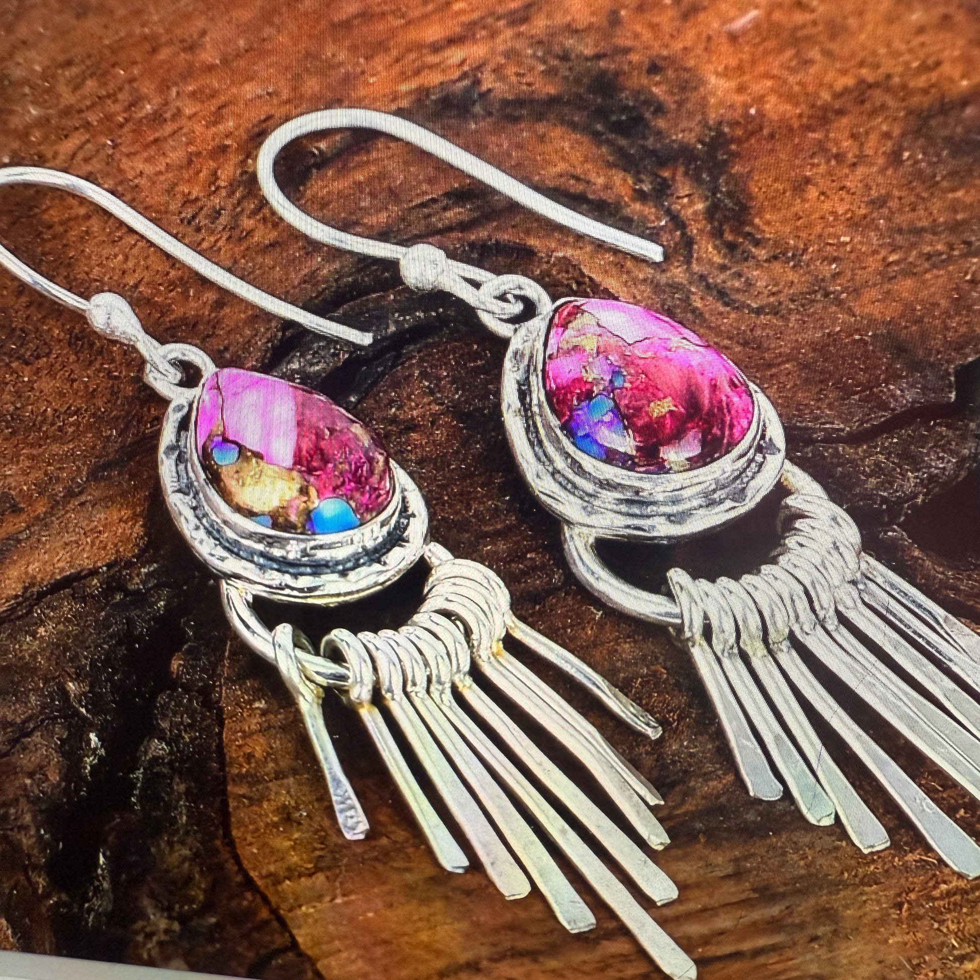 Kingman Pink Dahlia Turquoise Sterling Silver Dangle Earrings 2.7 Inch Silver Elegant