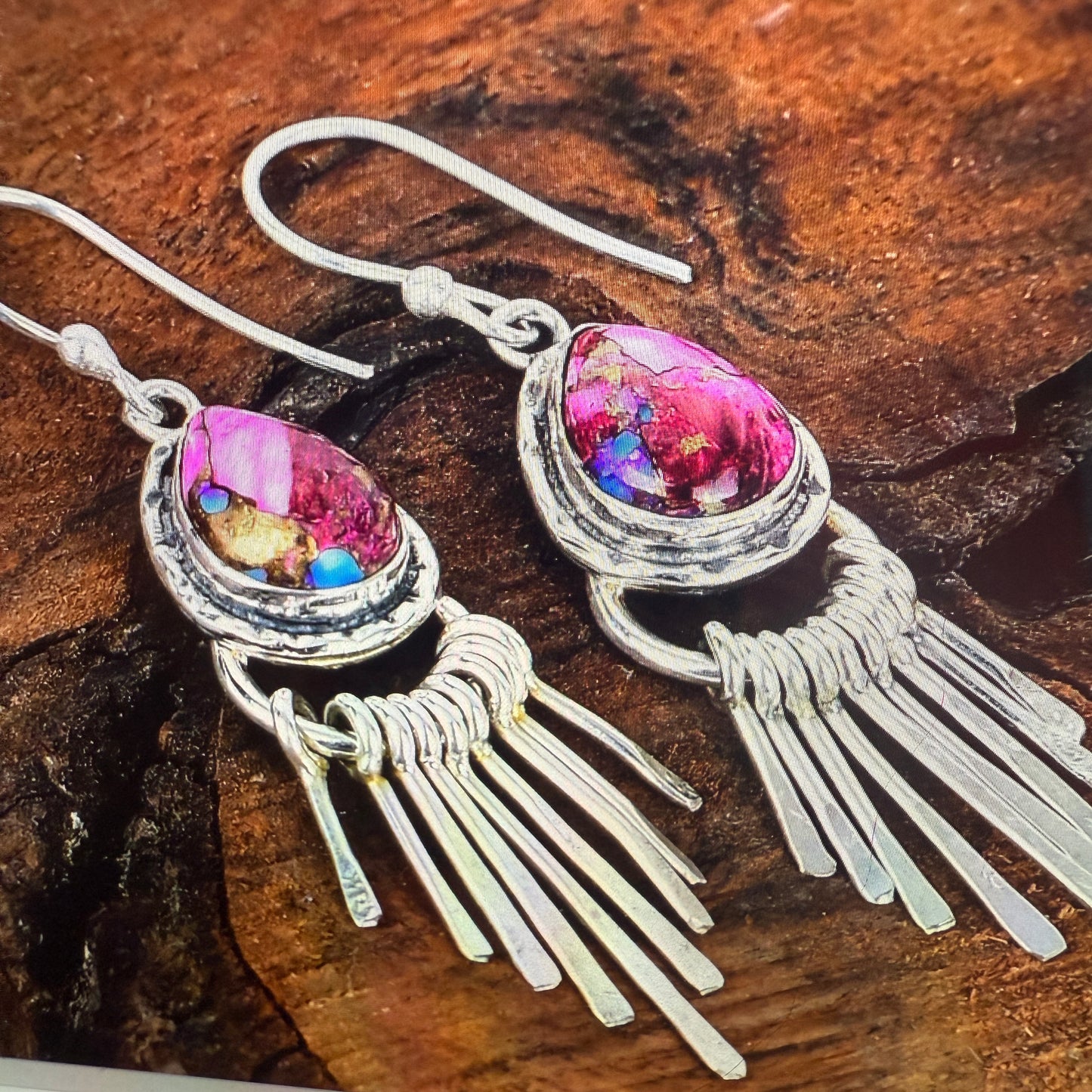 Kingman Pink Dahlia Turquoise Sterling Silver Dangle Earrings 2.7 Inch Silver Elegant