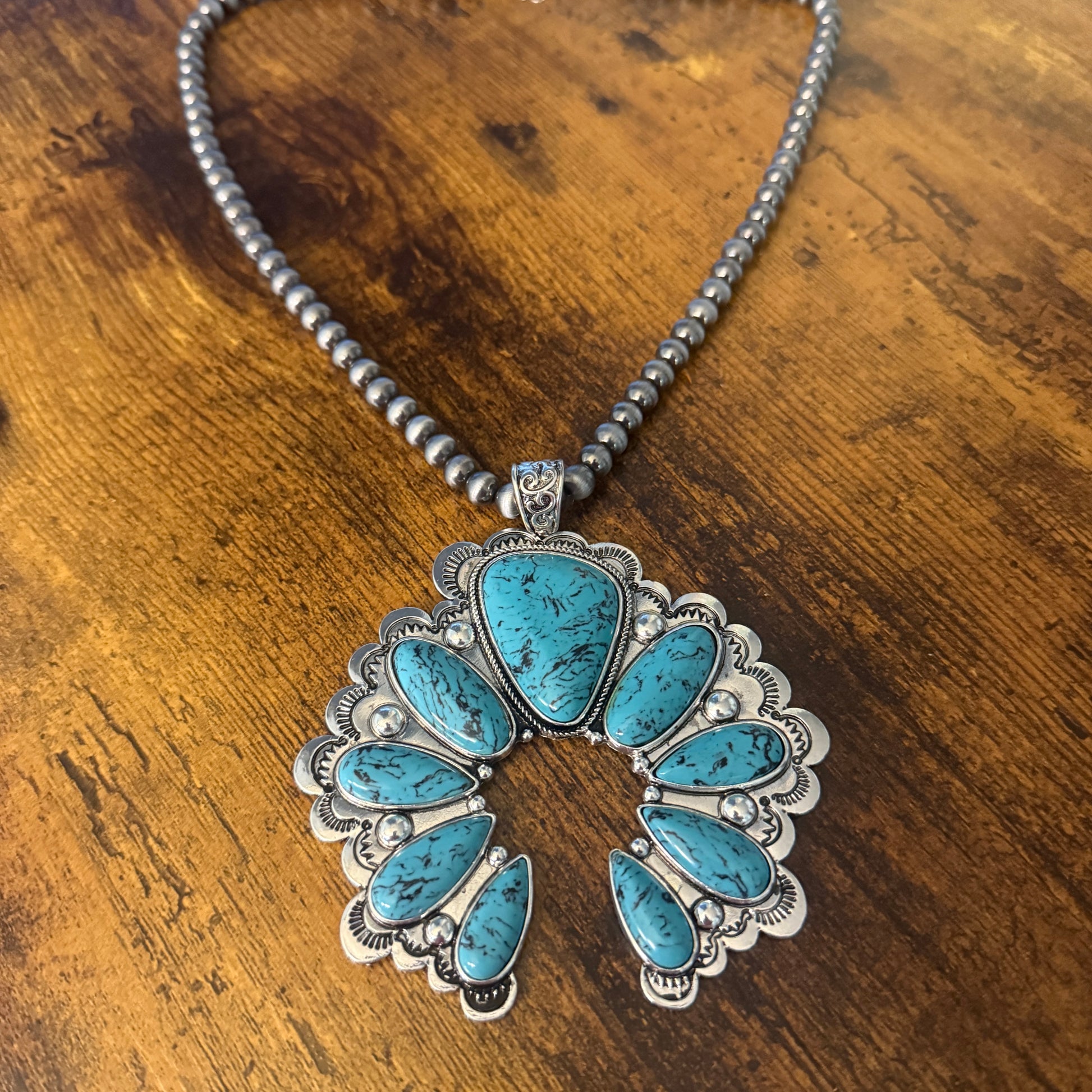 Turquoise Squash Pearl Necklace Mixed Metals 24 Inch Handcrafted Silver Elegant