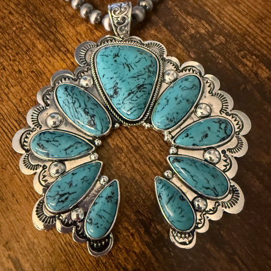 Turquoise Squash Pearl Necklace Mixed Metals 24 Inch Handcrafted Silver Elegant