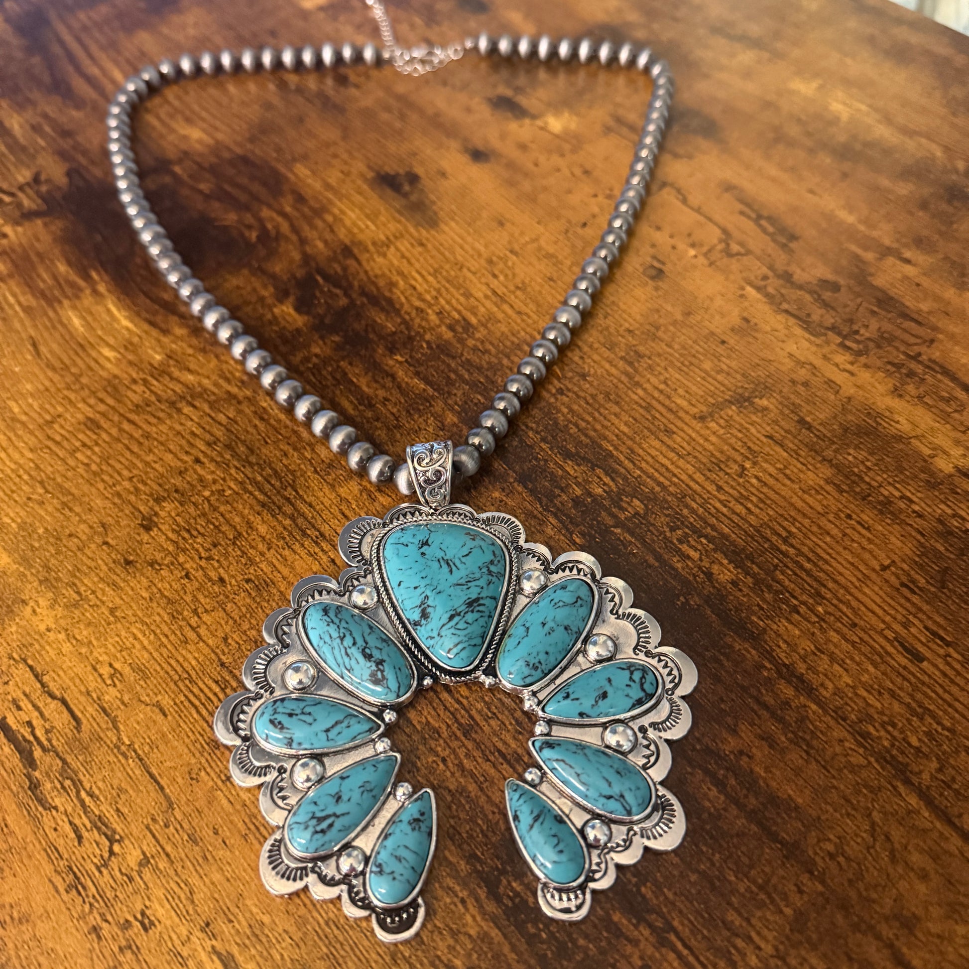 Turquoise Squash Pearl Necklace Mixed Metals 24 Inch Handcrafted Silver Elegant
